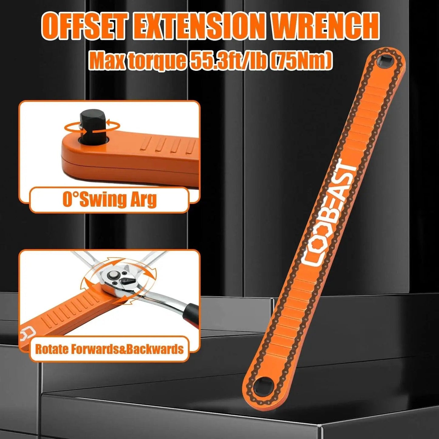 Three Eighths Inch Offset Extension Wrench For Tight Spaces displayed on a metal surface, highlighting max torque and swing features.