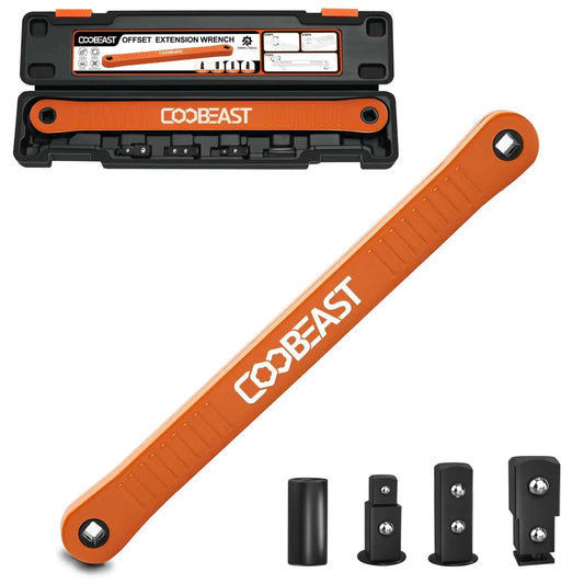 Three Eighths Inch Offset Extension Wrench For Tight Spaces in orange casing with drive adapters visible