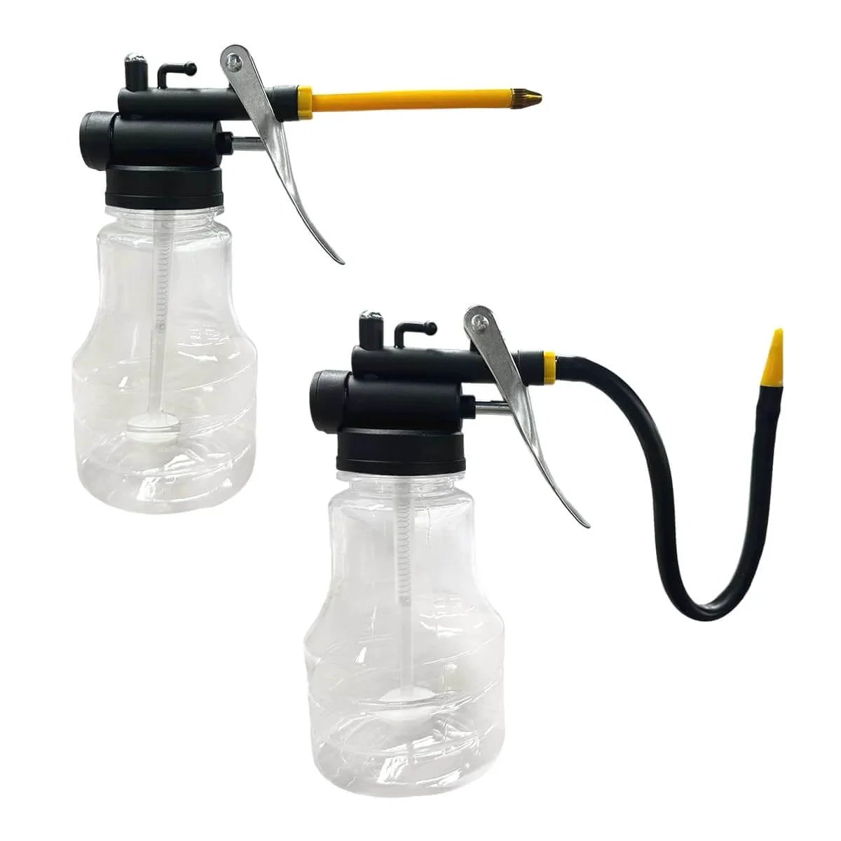 Two Pack High Pressure Oil Can Pump Oiler With Flexible Spout And Rigid Transparent Bottle for automotive lubrication.