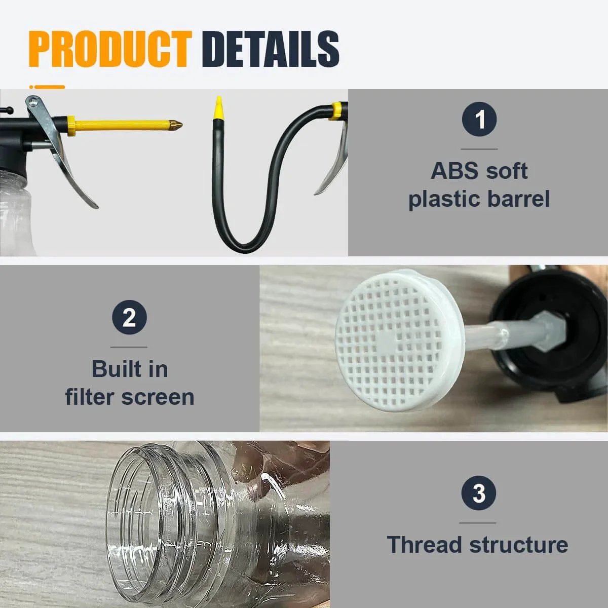 Detailed view of Two Pack High Pressure Oil Can Pump Oiler With Flexible Spout and Rigid Transparent Bottle, featuring ABS barrel, filter screen, and thread structure.