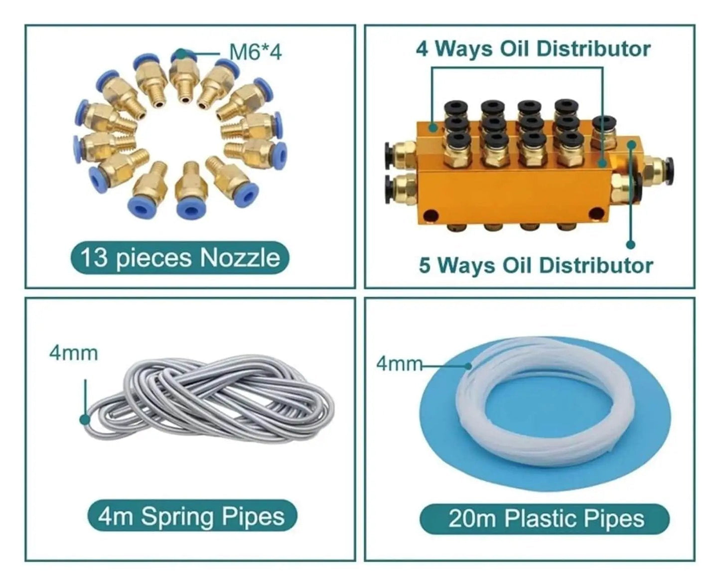 Auto Lubrication Pump For CNC Machines And Tooling Electromagnetic Oil Lubricator with nozzles, oil distributor, and tubing accessories.