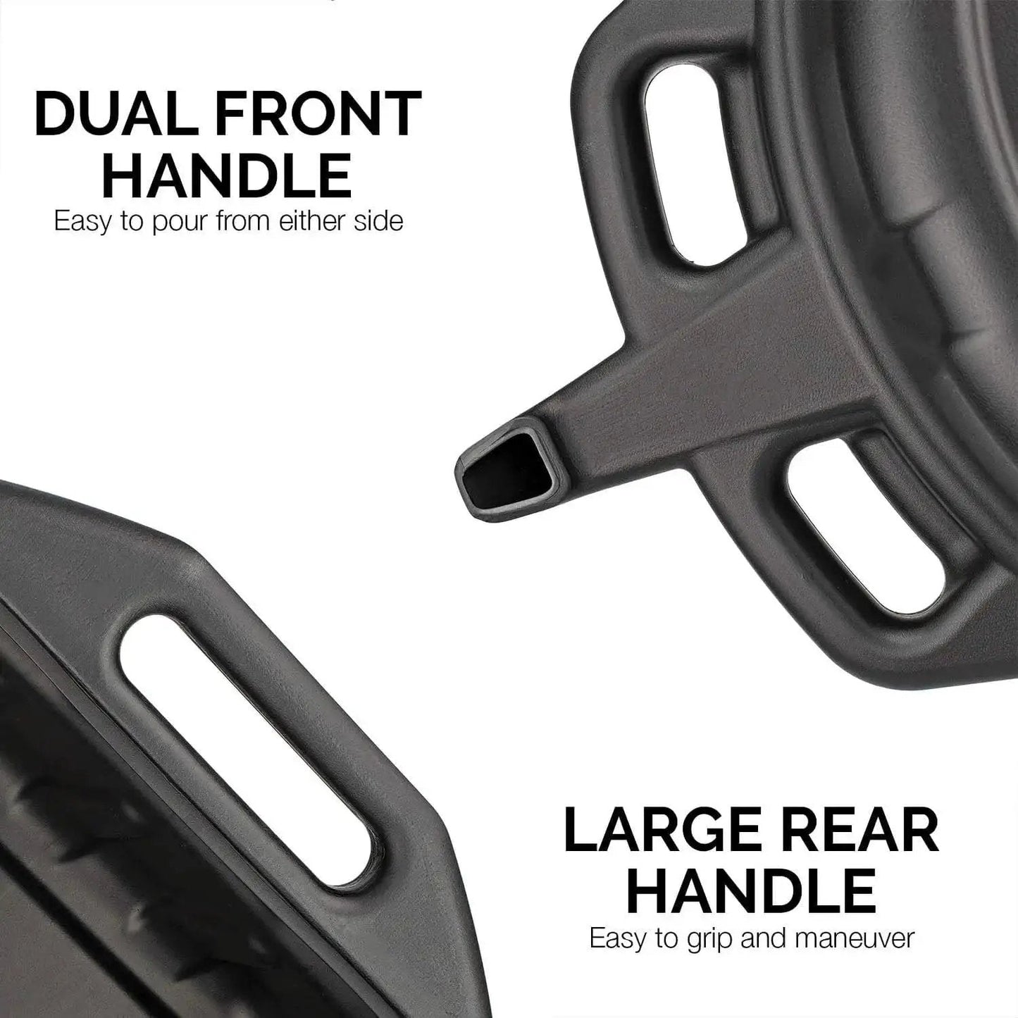 Close-up of Oil Drain Pan 2 Gallon Capacity Black Plastic Anti Splash Lip Drip Catcher showing dual front and rear handles