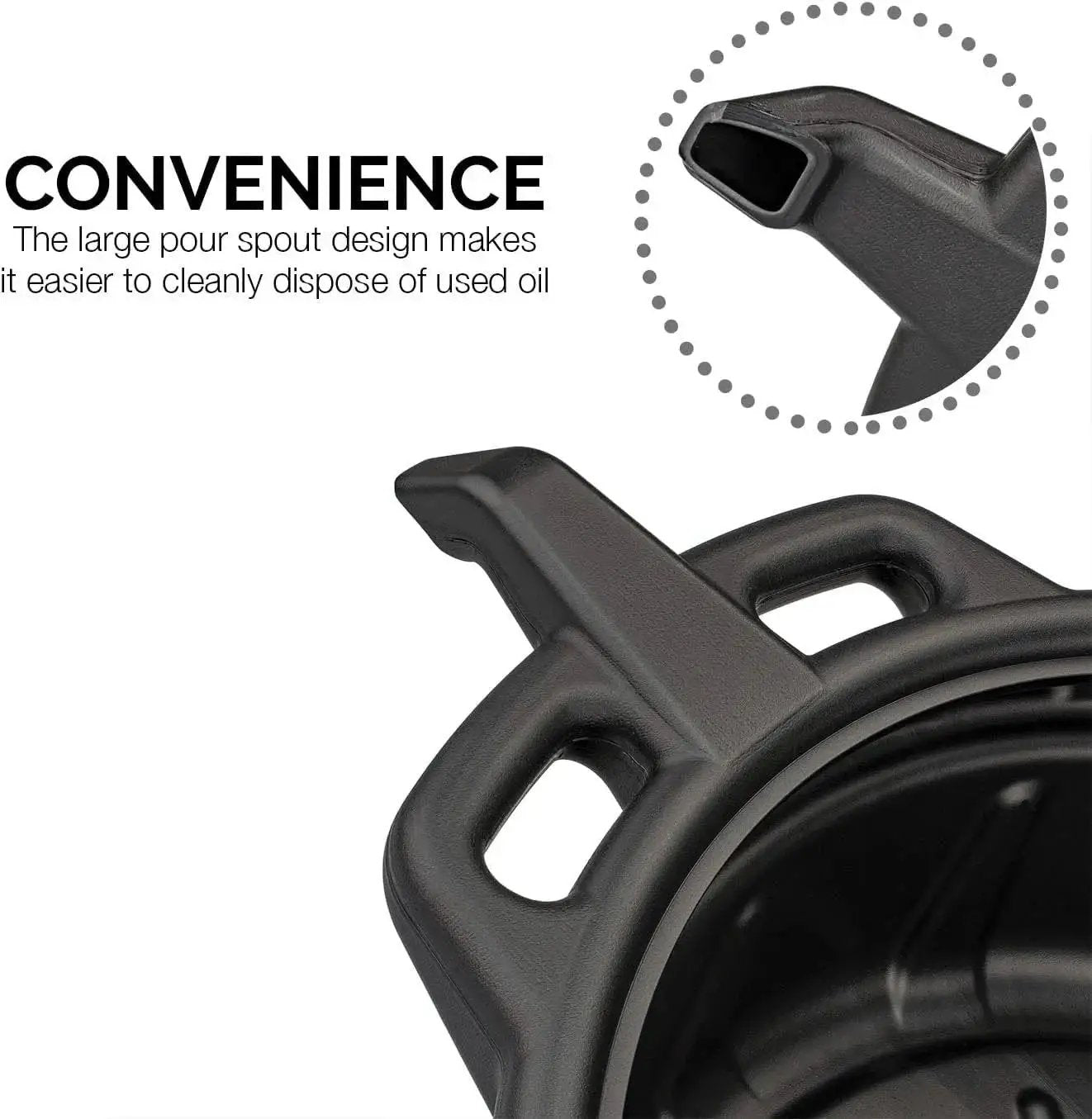 Close-up of Oil Drain Pan 2 Gallon Capacity Black Plastic Anti Splash Lip Drip Catcher with large pour spout, durable design