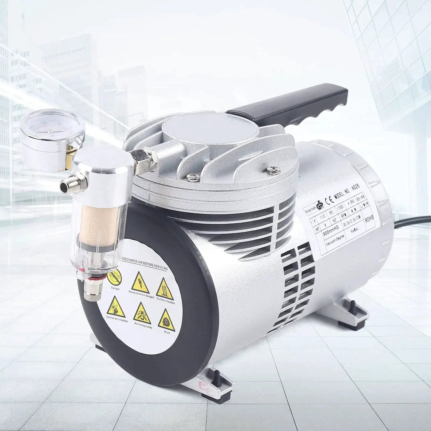 Oil Free Diaphragm Vacuum Pump For Food Packaging And Handicrafts With Air Flow 20 To 23 Liters Per Minute, side view.