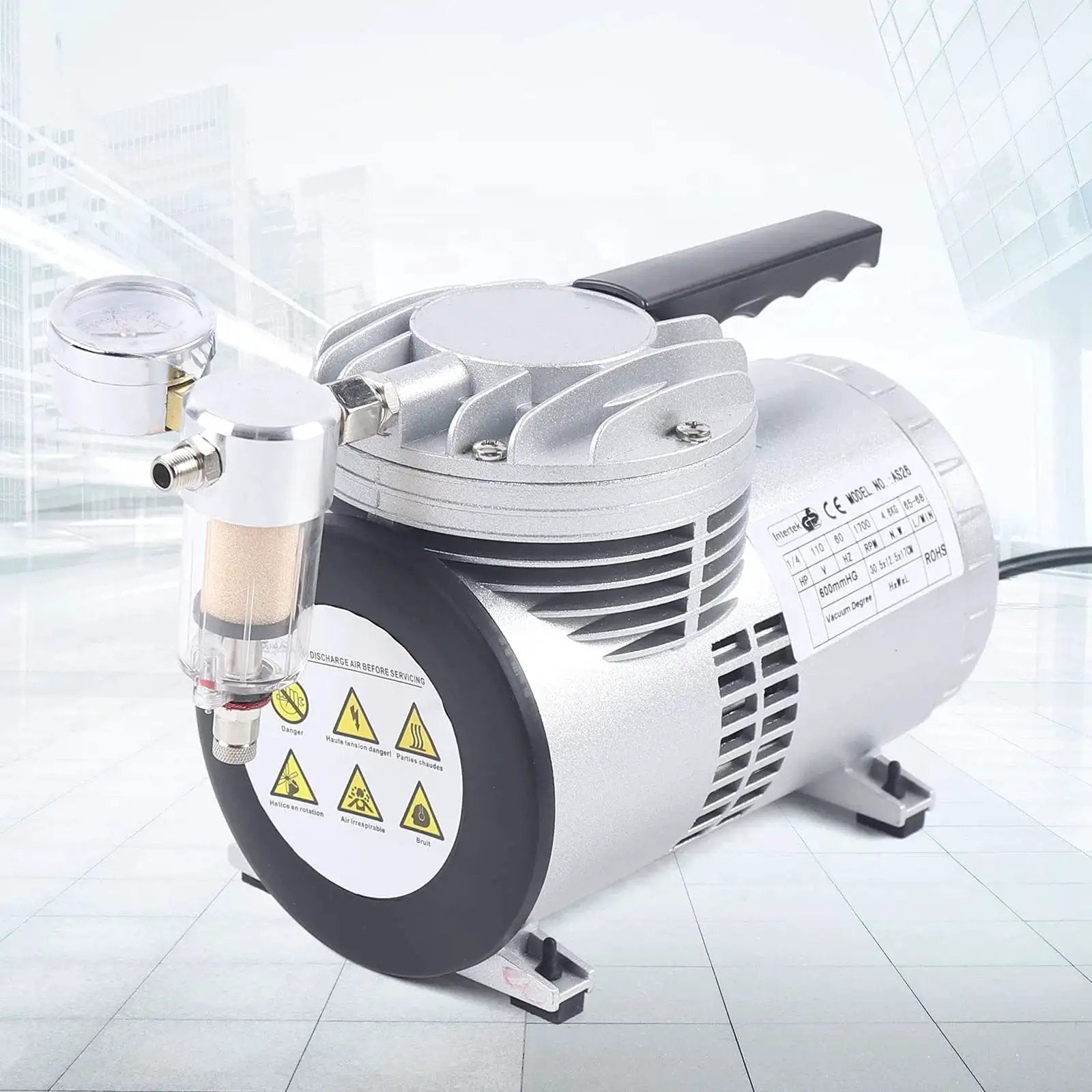 Oil Free Diaphragm Vacuum Pump For Food Packaging And Handicrafts With Air Flow 20 To 23 Liters Per Minute, side view.
