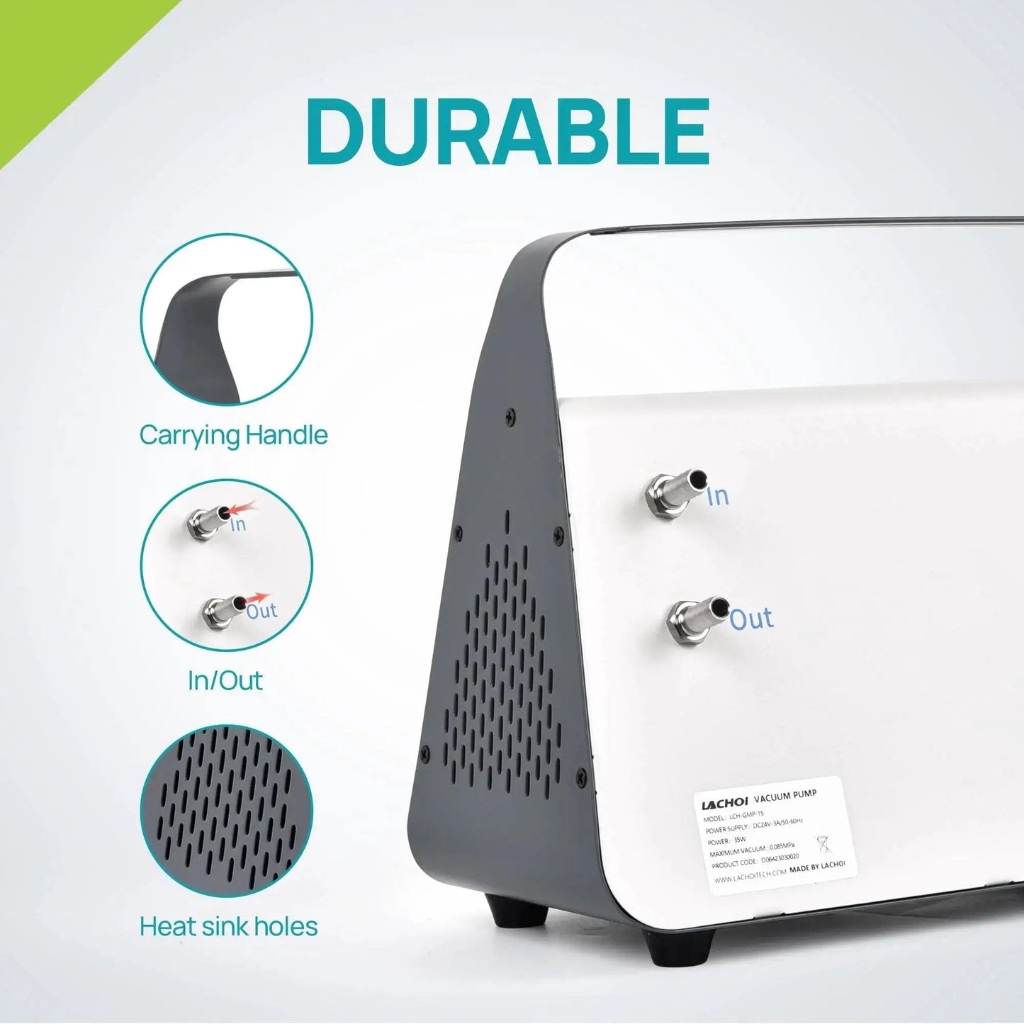 Side view of Oil Free Lab Vacuum Pump Diaphragm Filtration System Lachoi Portable 15 L Per Min Flow Rate Dual Pressure with handle and ports