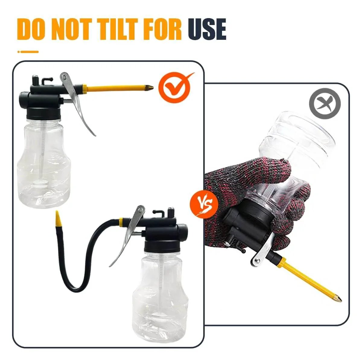 Two Pack High Pressure Oil Can Pump Oiler With Flexible Spout and Rigid Transparent Bottle shown with usage instructions