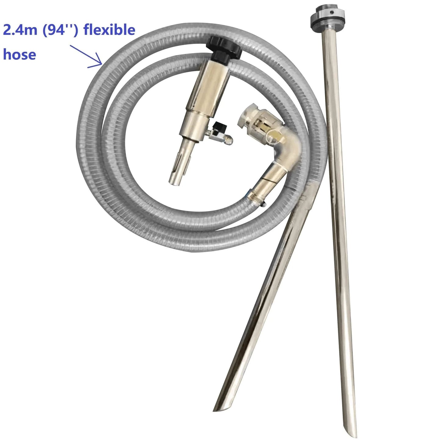 Oil Transfer Pump, Air Operated, Pneumatic, 55 Gallon Drum, 1.25 Inch ID, shown with flexible hose and stainless attachments