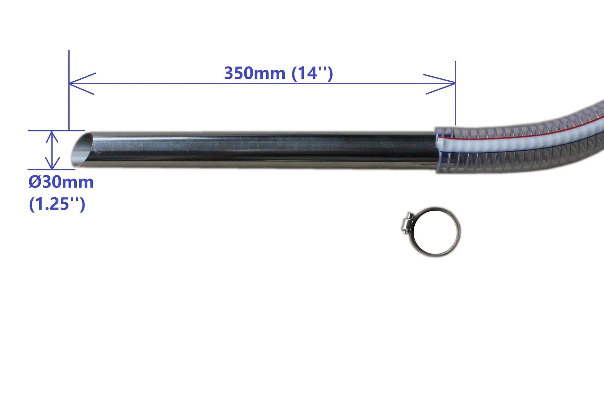 Oil Transfer Pump, Air Operated, Pneumatic, 55 Gallon Drum, 1.25 Inch ID, Teflon Packing, shown with dimensions and clamp