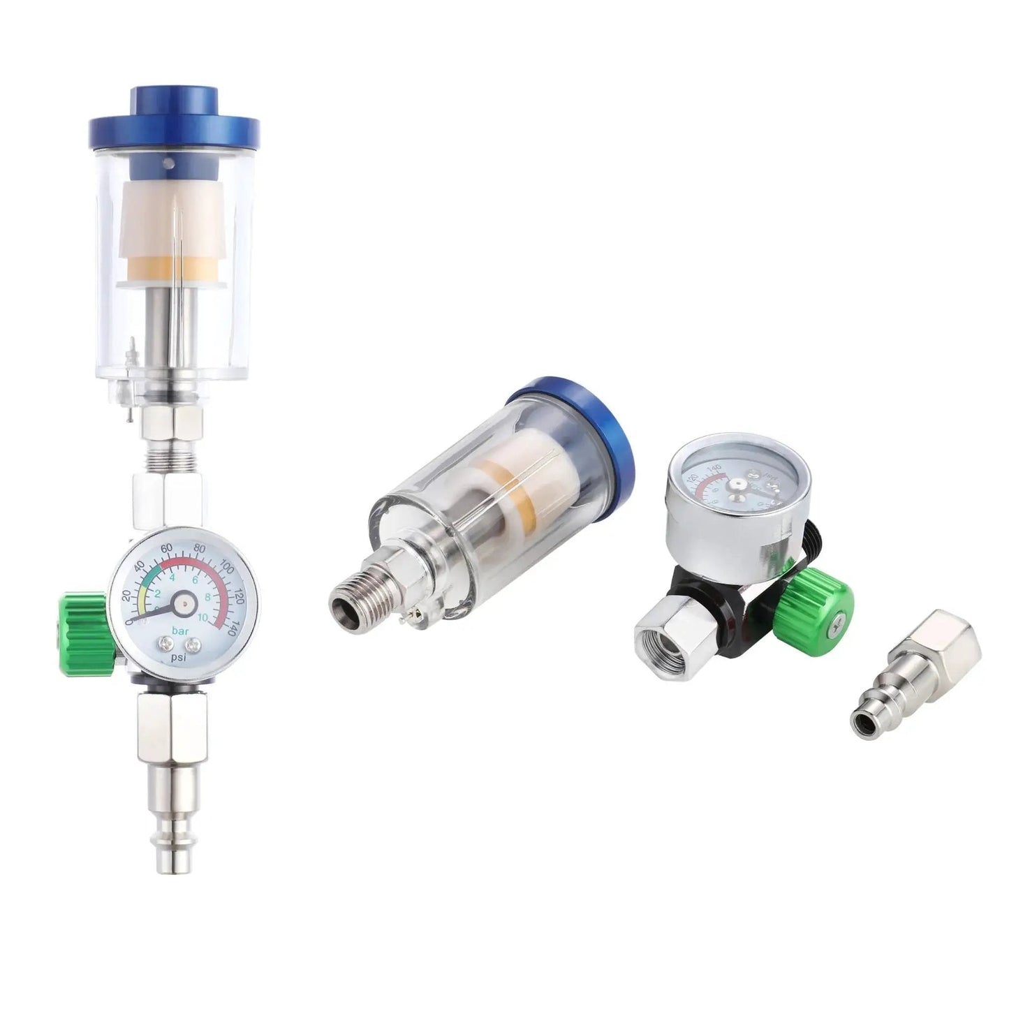 Oil Water Separator With Integrated Air Filter And Pressure Regulator For Spray Guns And Air Tools Inlet And Outlet G1 Quarter Inch Clear Water Filter Stainless Steel Adapter Compact Inline Unit For Compressors That Keeps Lines Clean And Extends Tool Life.