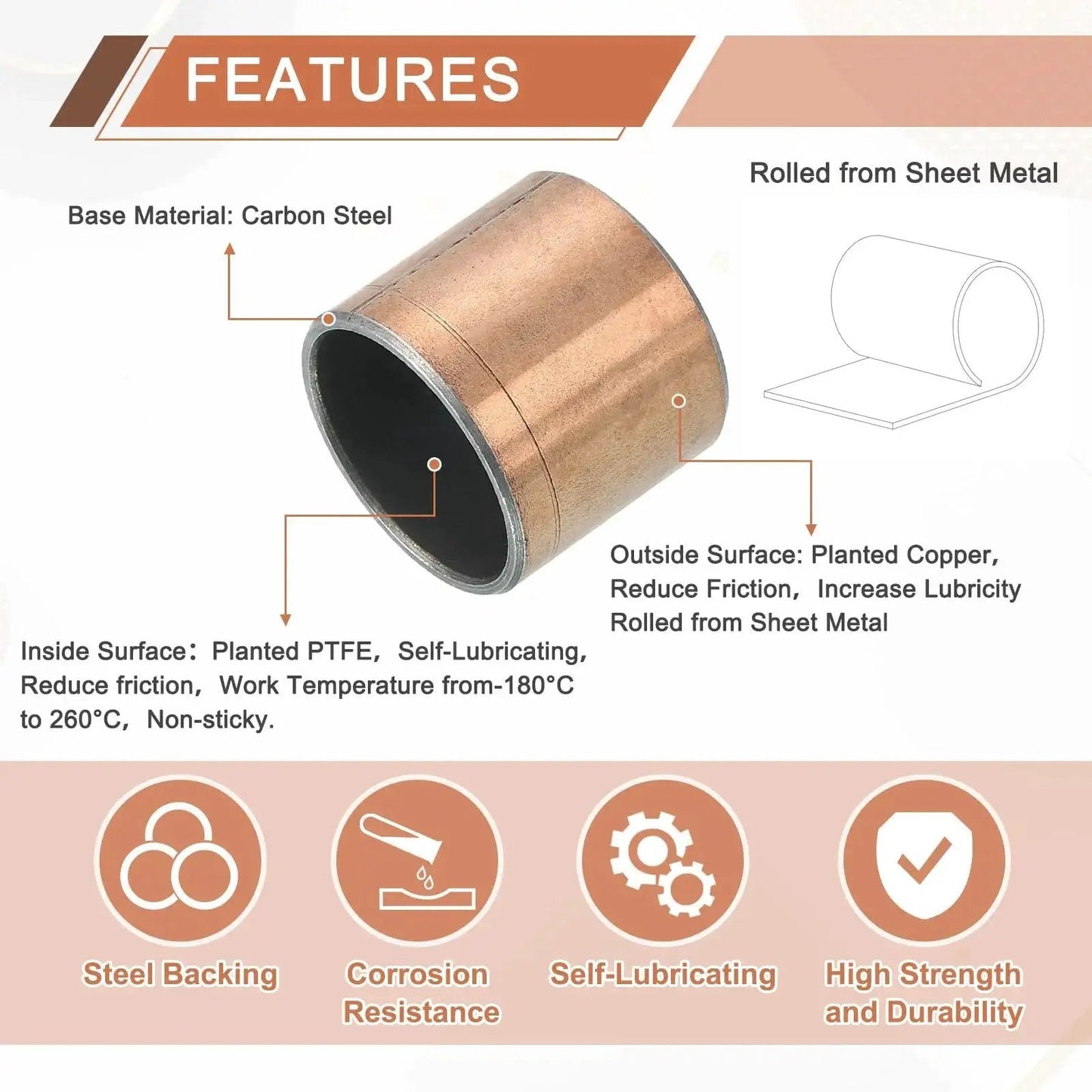 Set Of 4 Sleeve Bearings With 7/8 Inch Bore, 1 Inch Outer Diameter And 7/8 Inch Length, features and composition details