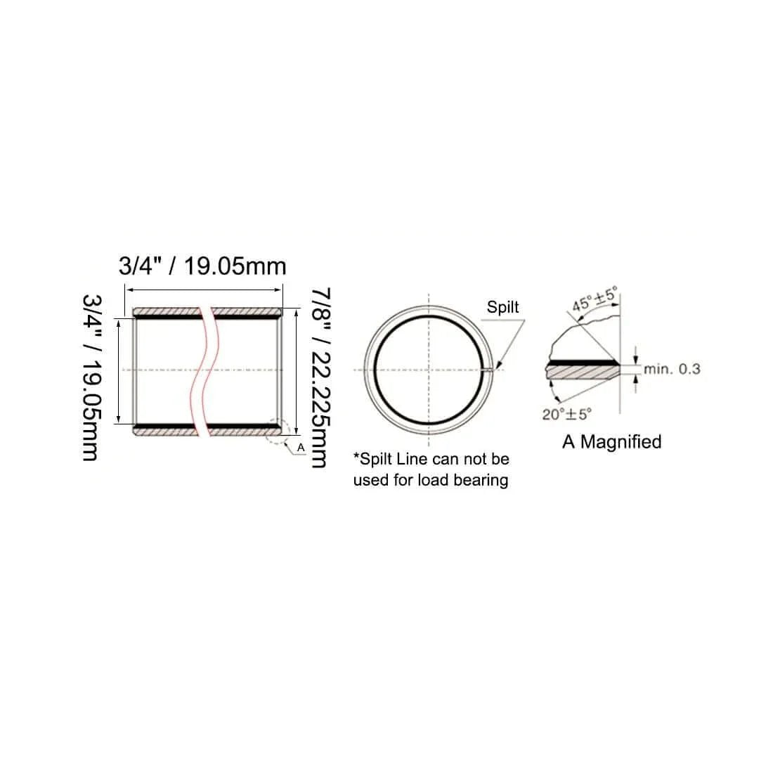 Technical diagram of Sleeve Bearing With Three Quarter Inch Bore Seven Eighths Inch Outer Diameter And Three Quarter Inch Length Wrapped Oilless Plain Bearings Pack Of 2