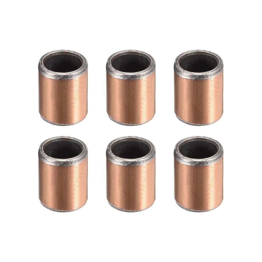 Set of six bronze oilless sleeve bearings 6mm bore 8mm OD 10mm length for low friction in industrial applications.