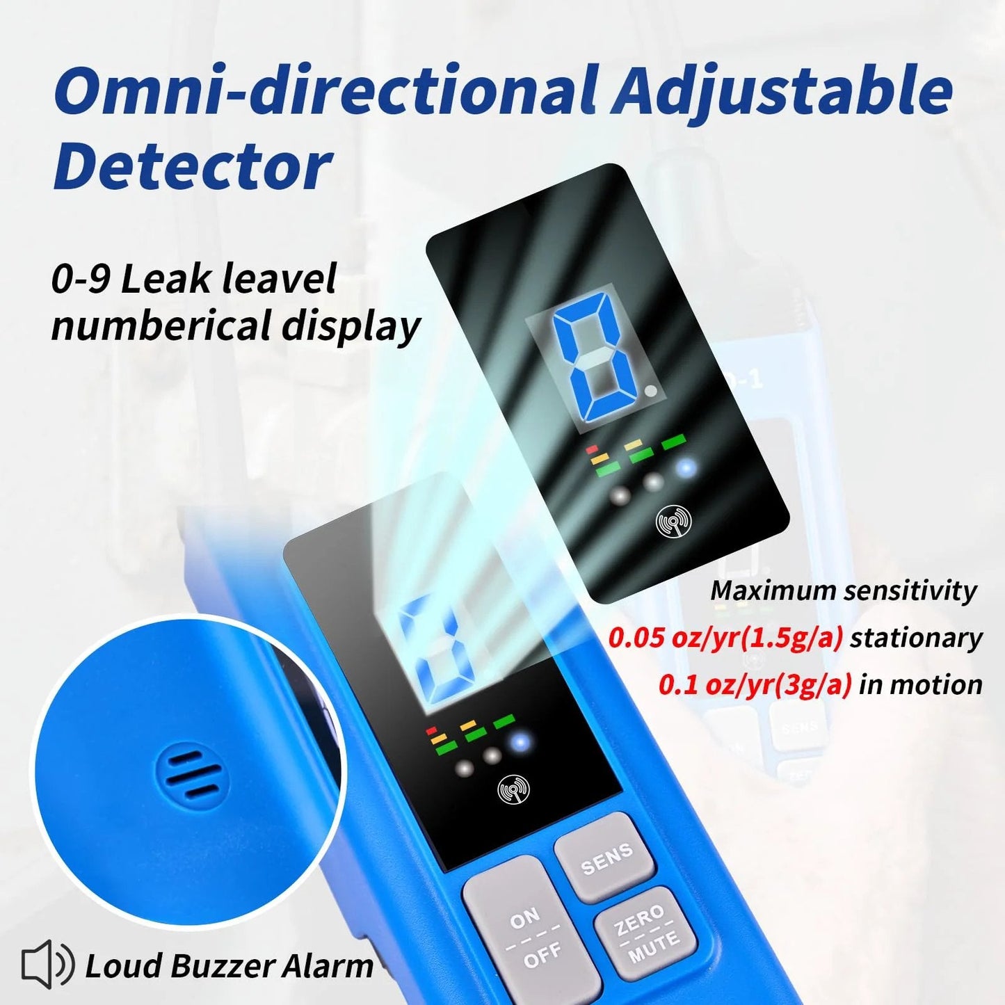 Close-up of HVAC Leak Detector For Halogen Gas Leaks With Alarm with numerical LCD display and sensitivity settings.