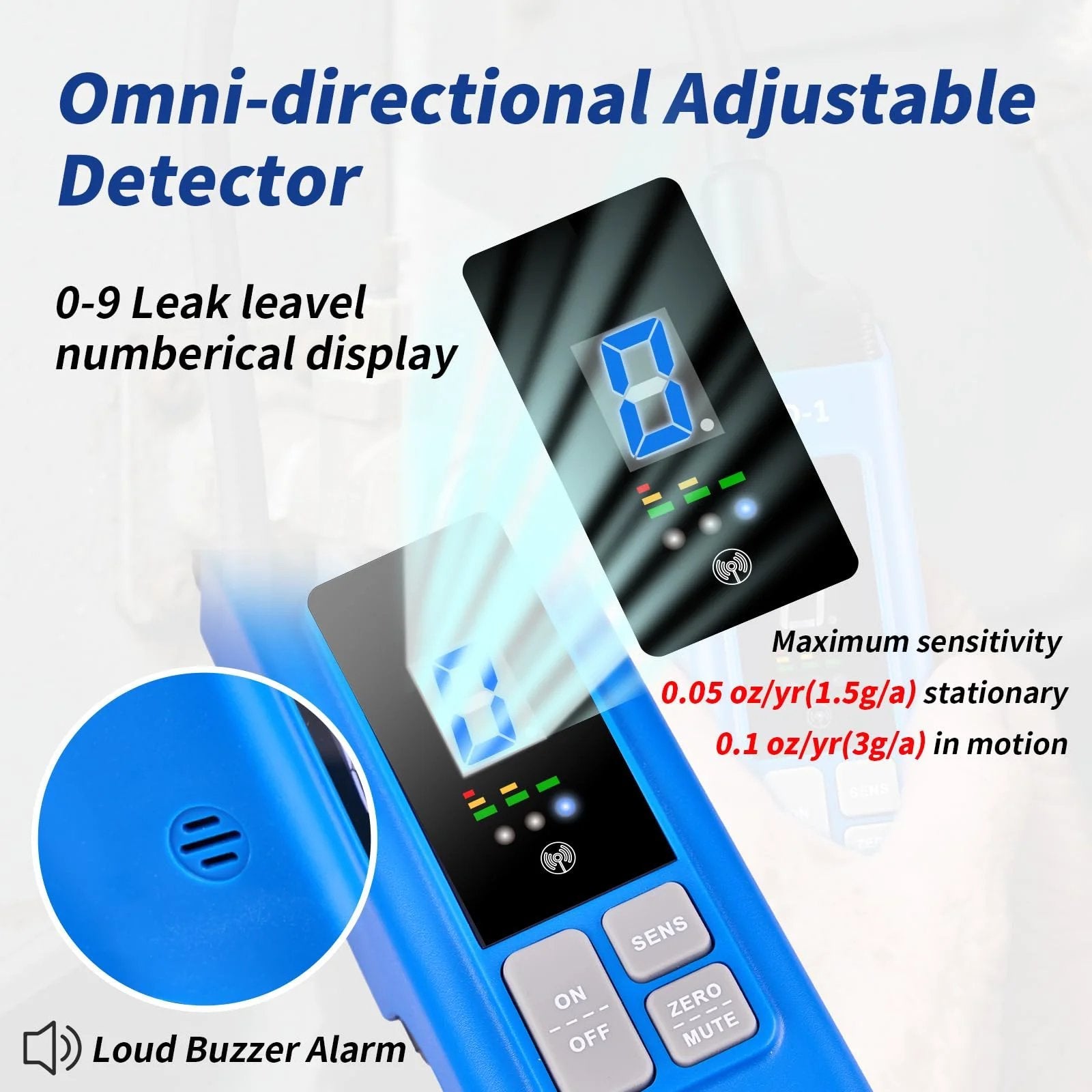 Close-up of HVAC Leak Detector For Halogen Gas Leaks With Alarm with numerical LCD display and sensitivity settings.