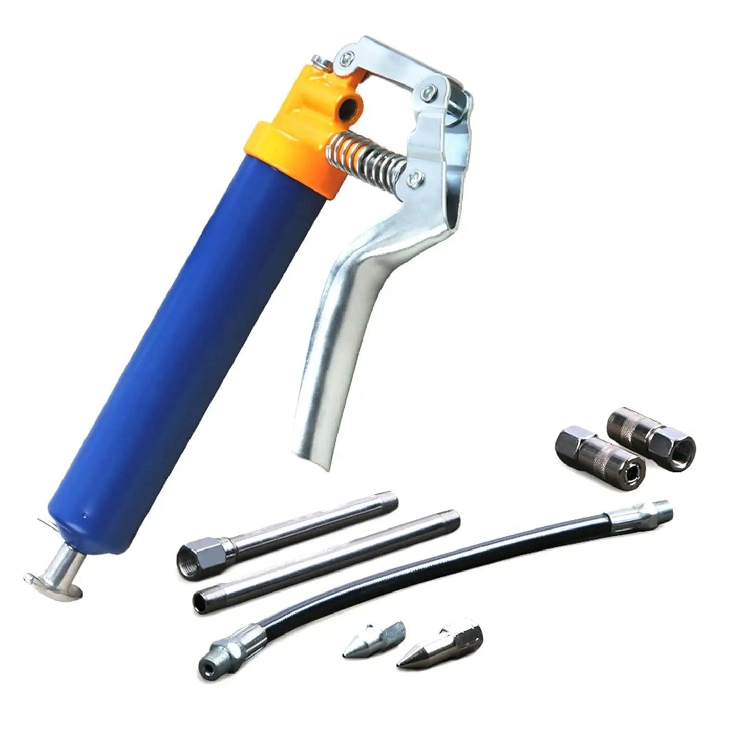 One Handed 120cc High Pressure Grease Gun for Precise Lubrication in Heavy Duty Machines, yellow handle with accessories