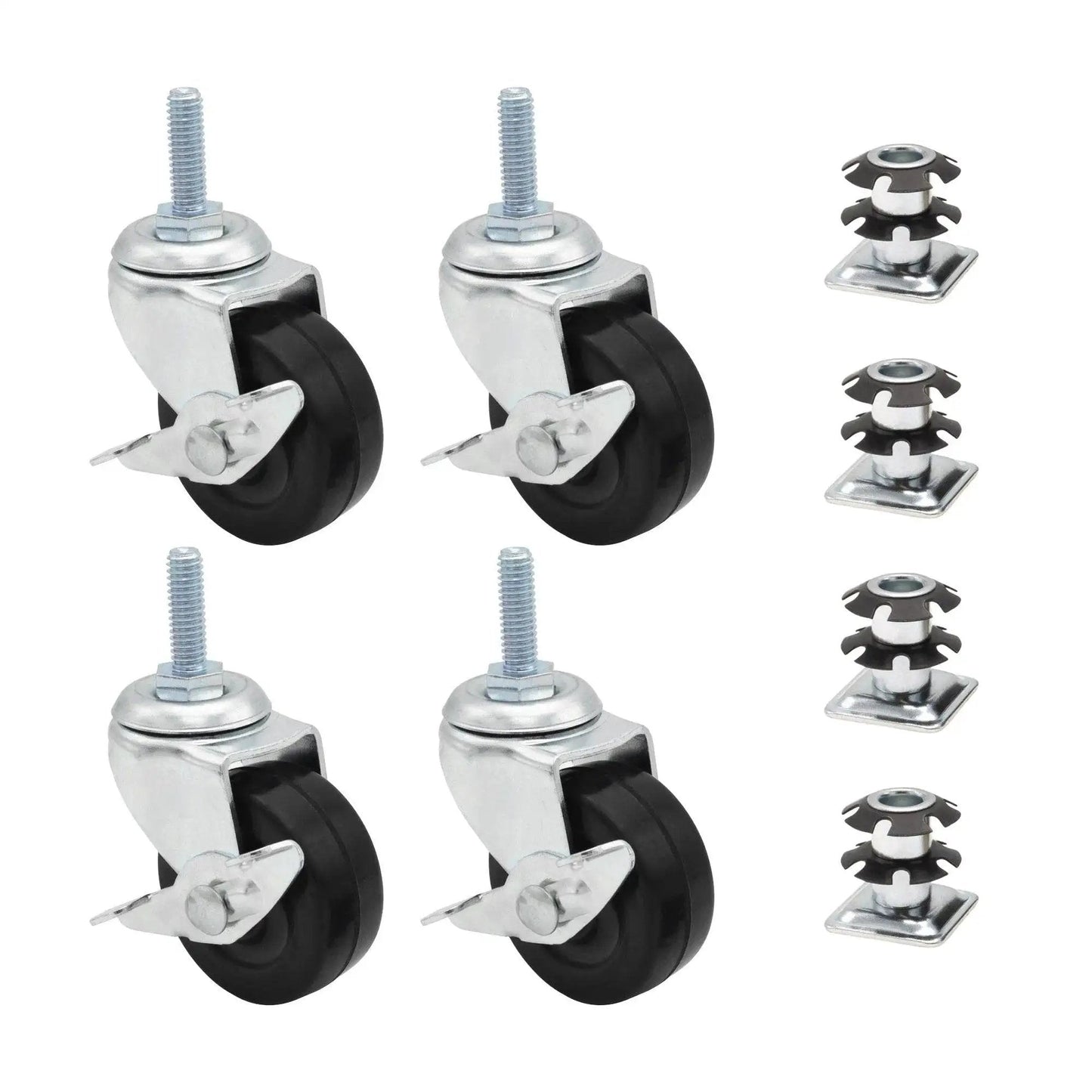 One Inch Square Metal Double Star Caster Insert With 5/16-18 Threaded Stem For 2 Inch Wheel Industrial Casters Set Of Four With Brakes