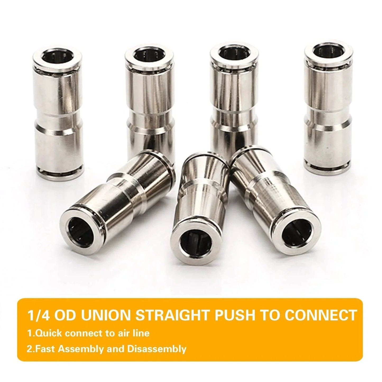 Union Straight Push To Connect Fittings One Quarter Inch Tube Quick Connect for air and water lines, nickel plated brass, 2 pack