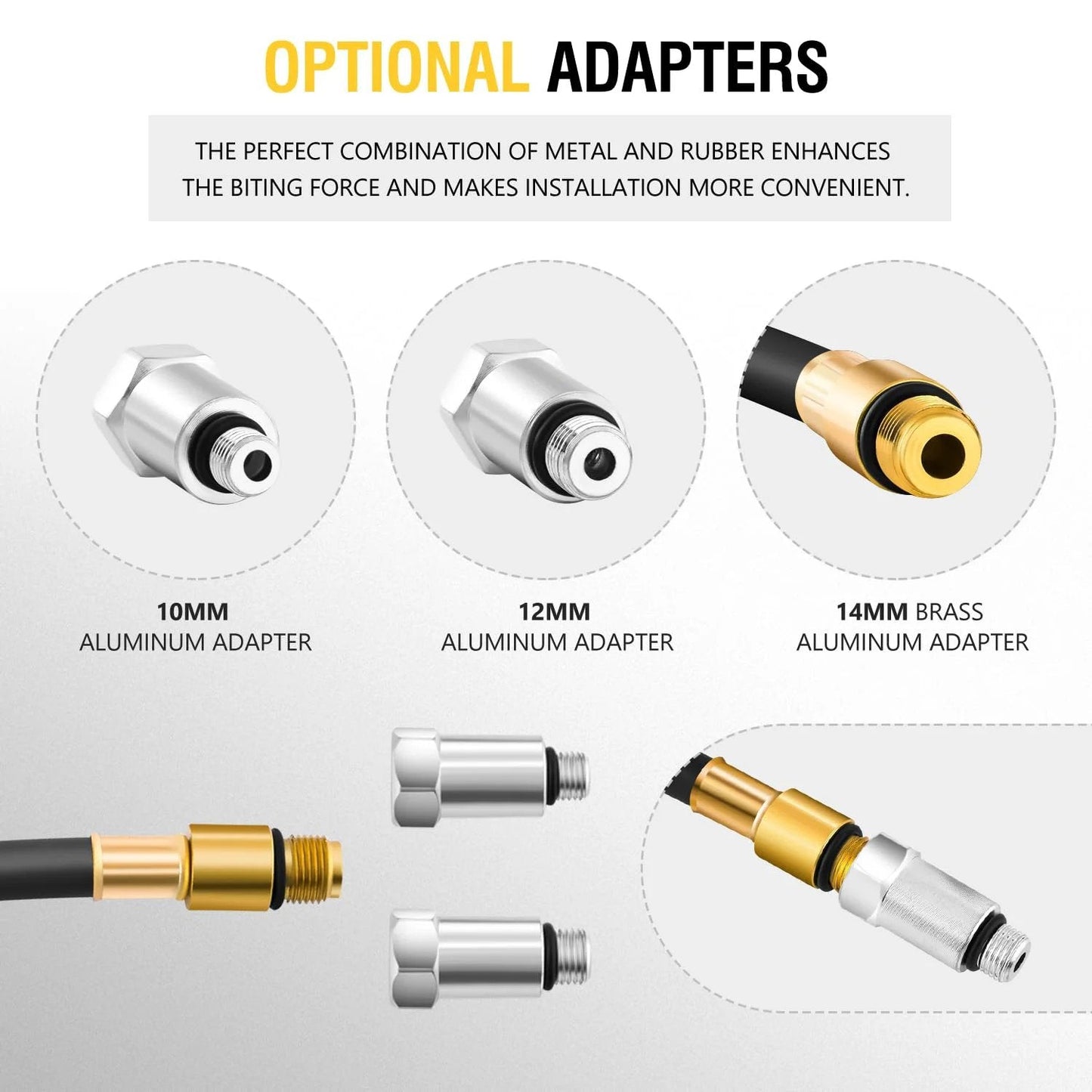 Optional adapters for Cylinder Leak Down Tester Kit With Dual Gauge System for Automotive Engines showing 10mm, 12mm, and 14mm fittings.