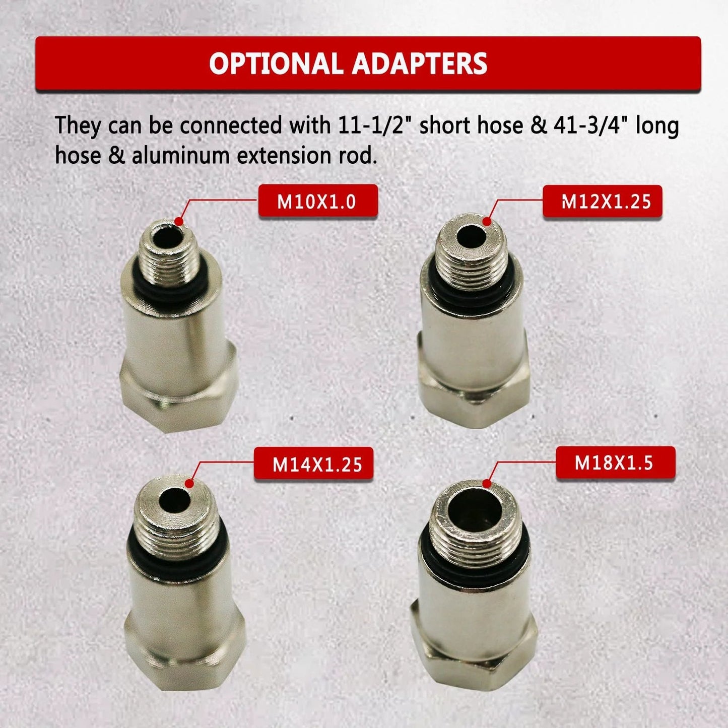 Optional adapters for Cylinder Leak Down Tester Kit, including M10X1.0, M12X1.25, M14X1.25, M18X1.5 fittings for various hoses.