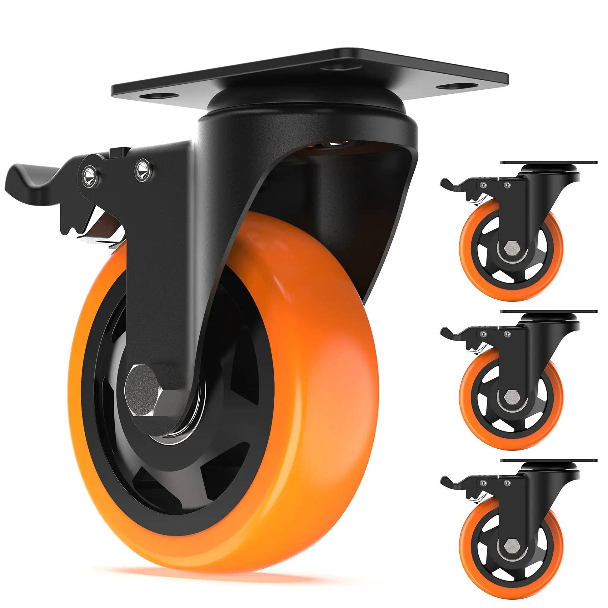 4 Inch Swivel Caster Wheels With Safety Total Lock And 360 Degree Rotation Heavy Duty Plate Casters Total Capacity 1200 Lbs For Flight Cases Mobile Workstations Trolleys Pack Of 4 Orange