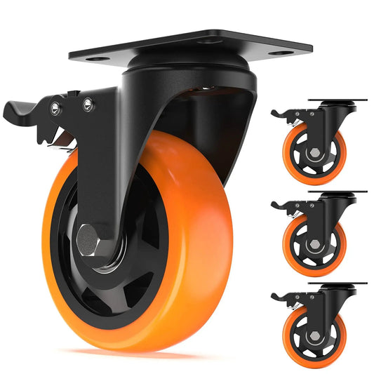 4 Inch Swivel Caster Wheels With Safety Total Lock And 360 Degree Rotation Heavy Duty Plate Casters Total Capacity 1200 Lbs For Flight Cases Mobile Workstations Trolleys Pack Of 4 Orange