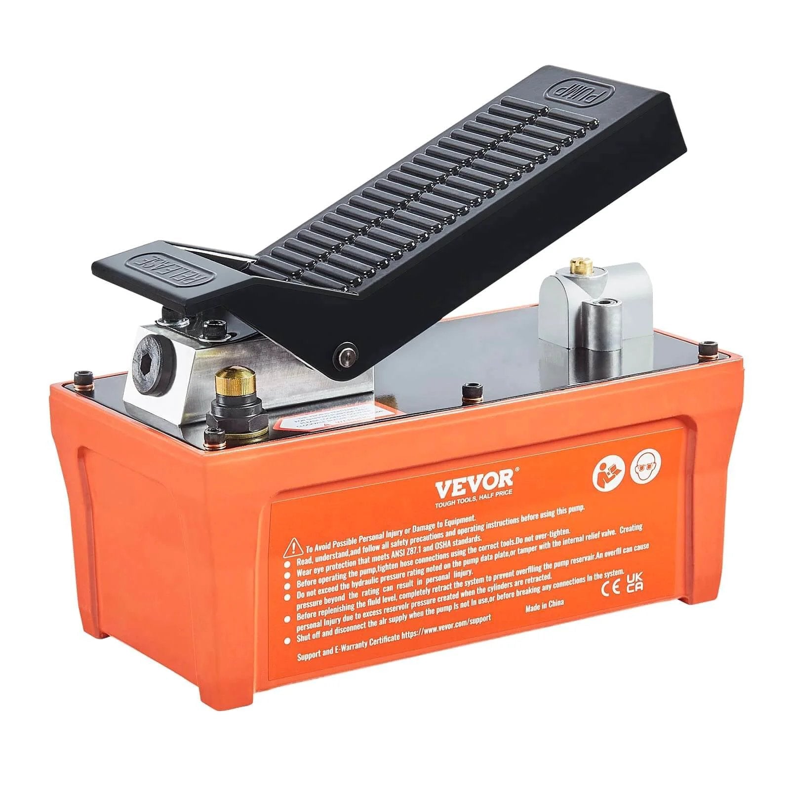 Orange air hydraulic pump with foot pedal, 10,000 PSI, 0.5 gal reservoir, NPT 3/8" outlet, NPT 1/4" inlet for auto body frame use