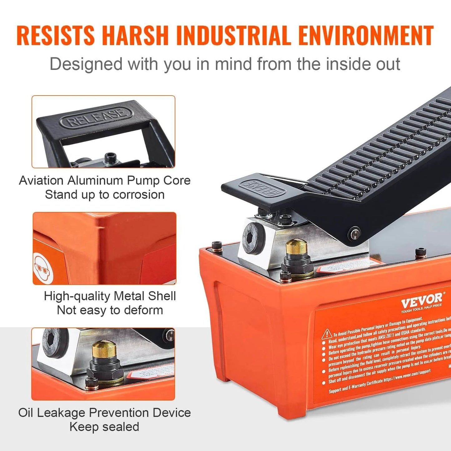 Air Hydraulic Pump, 10,000 PSI 1/2 Gal Reservoir, NPT 3/8" Oil Outlet, NPT 1/4" Inlet, 6.6 ft Pipe, foot actuated treadle, orange