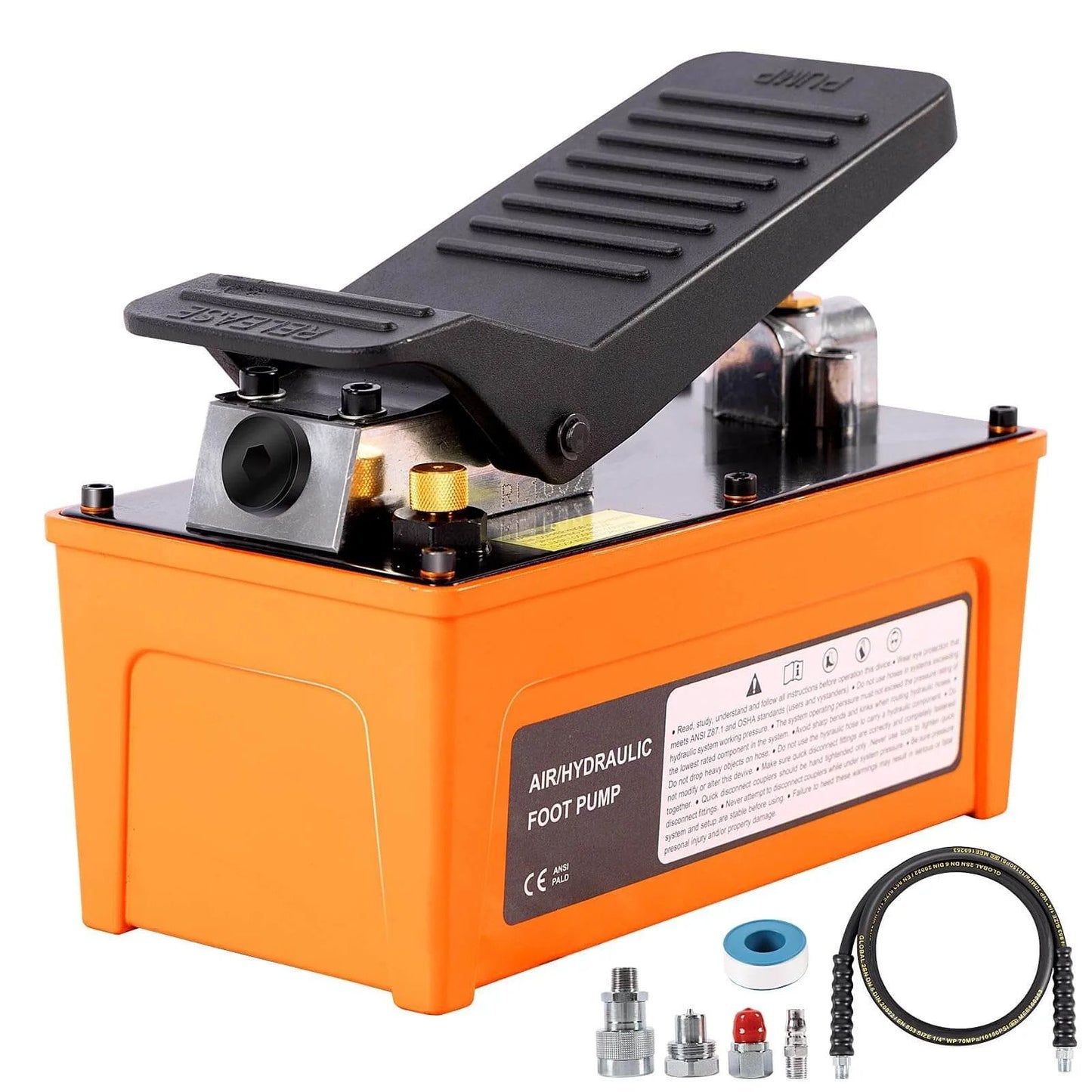 VigorTrek Air Hydraulic Pump, 10,000 PSI, NPT 3/8" Outlet & 1/4" Inlet, orange with foot pedal and accessories
