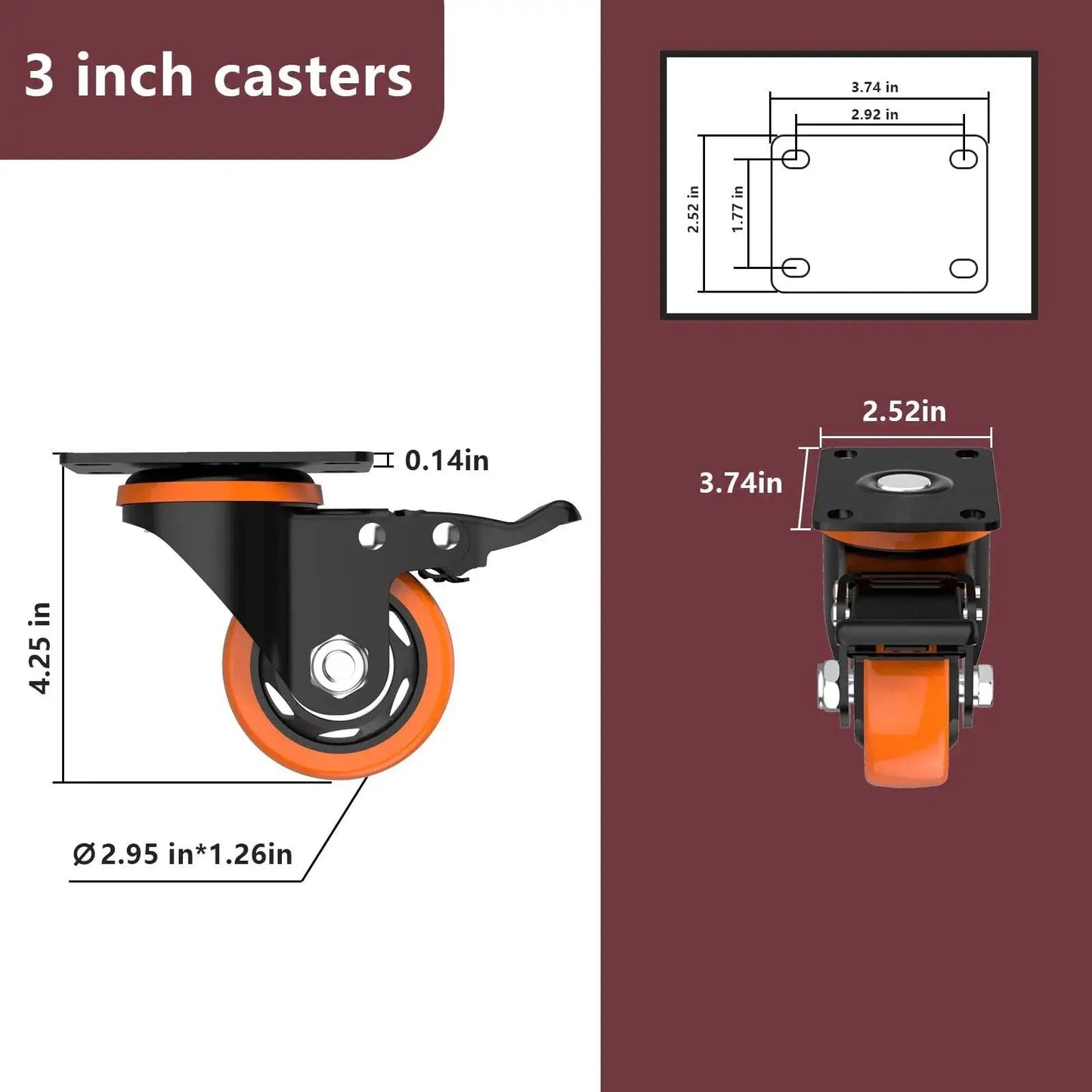 3 Inch Orange Caster Wheels Set Of 4 Heavy Duty Locking Industrial Swivel Top Plate Casters With Brake 2300 Lb Capacity For Furniture Workbench And Cart Includes Two Hardware Kits Plus