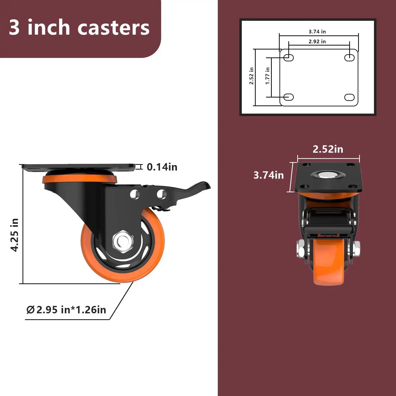 3 Inch Orange Caster Wheels Set Of 4 Heavy Duty Locking Industrial Swivel Top Plate Casters With Brake 2300 Lb Capacity For Furniture Workbench And Cart Includes Two Hardware Kits Plus