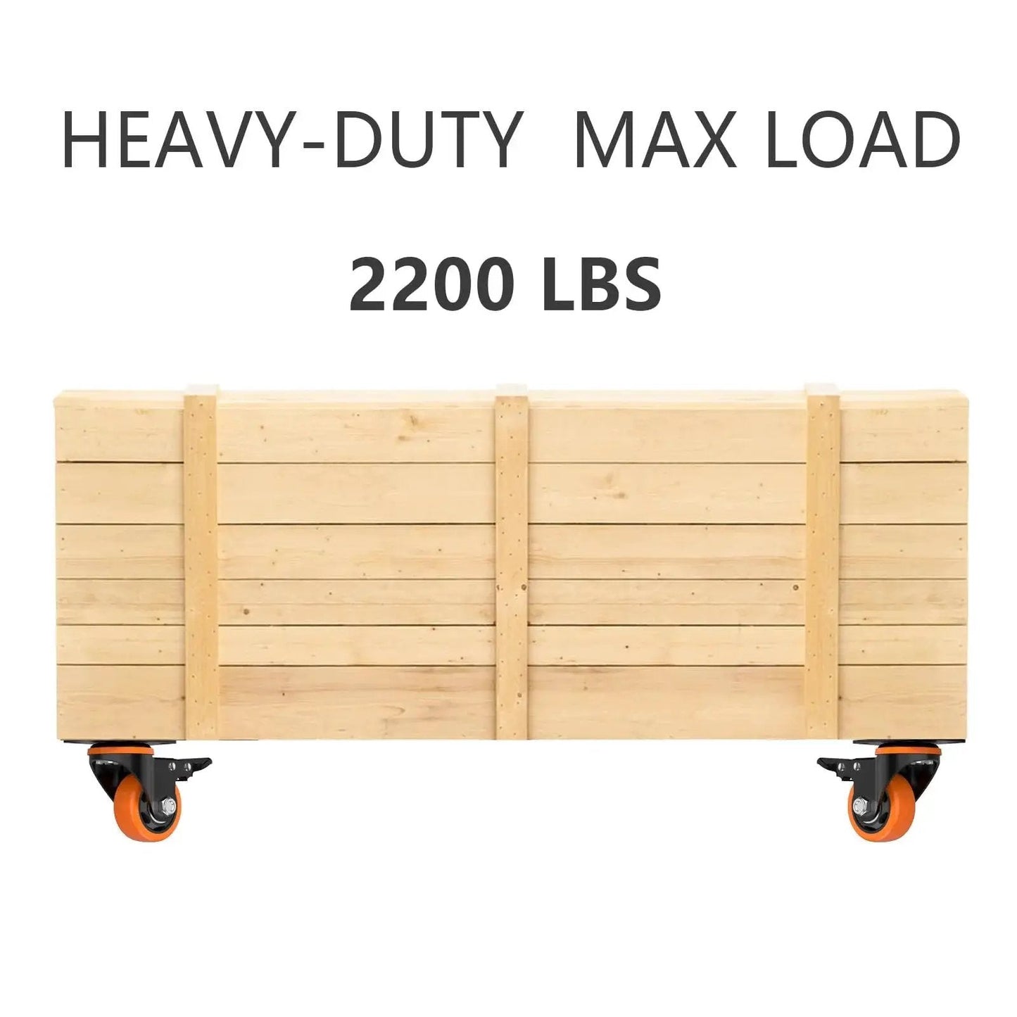 Wooden crate on 3 Inch Orange Caster Wheels Set Of 4 Heavy Duty Locking Industrial Swivel Top Plate Casters With Brake 2300 Lb Capacity