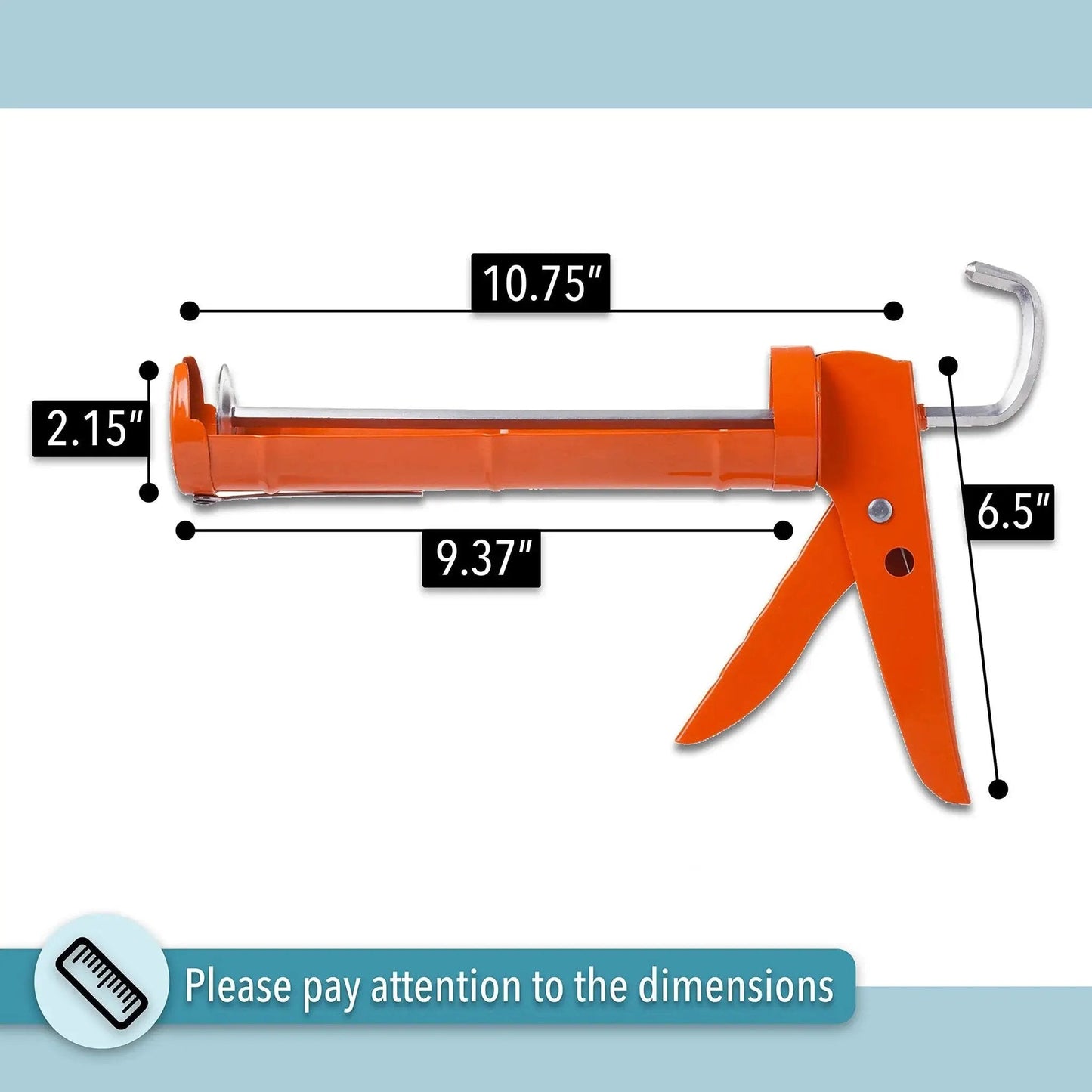 Caulking Gun With Ten To One Thrust Ratio No Drip Design For Precise Bead Control shown with dimensions