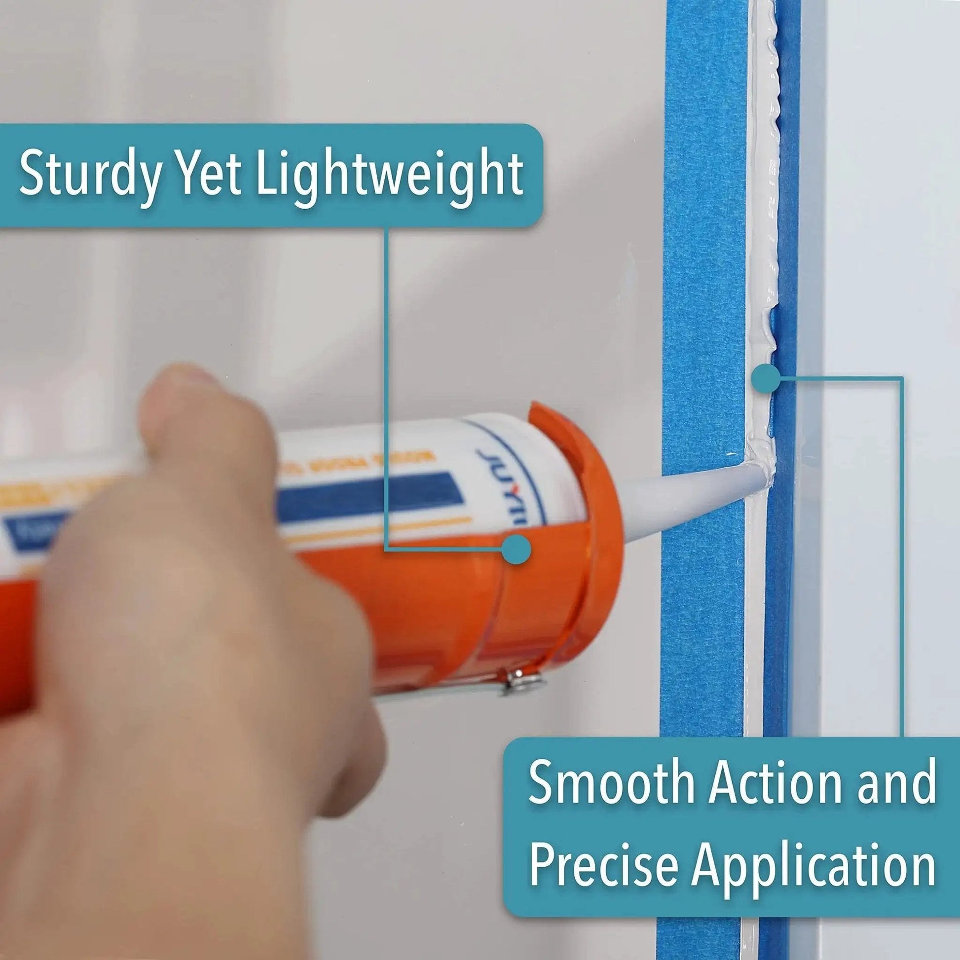 Person using Caulking Gun With Ten To One Thrust Ratio No Drip Design For Precise Bead Control on a sealed edge