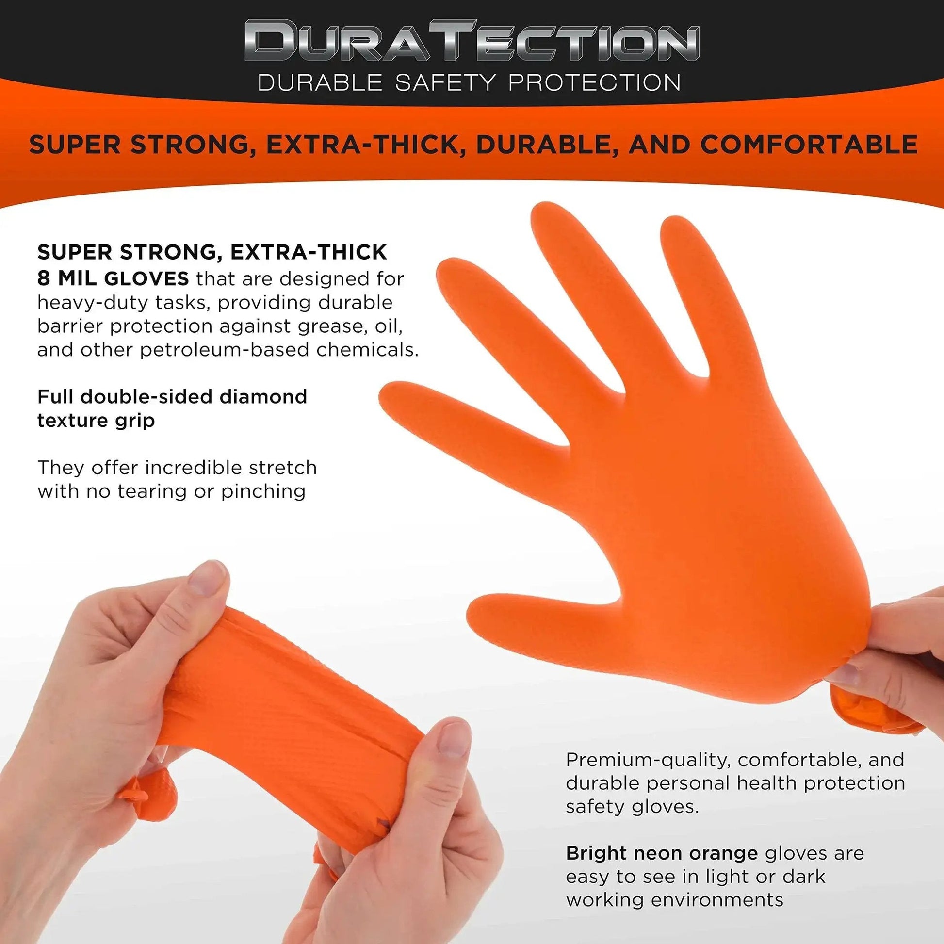 8 Mil Orange Diamond Textured Nitrile Disposable Gloves Medium 3 Boxes 100 in use and stretch demonstration