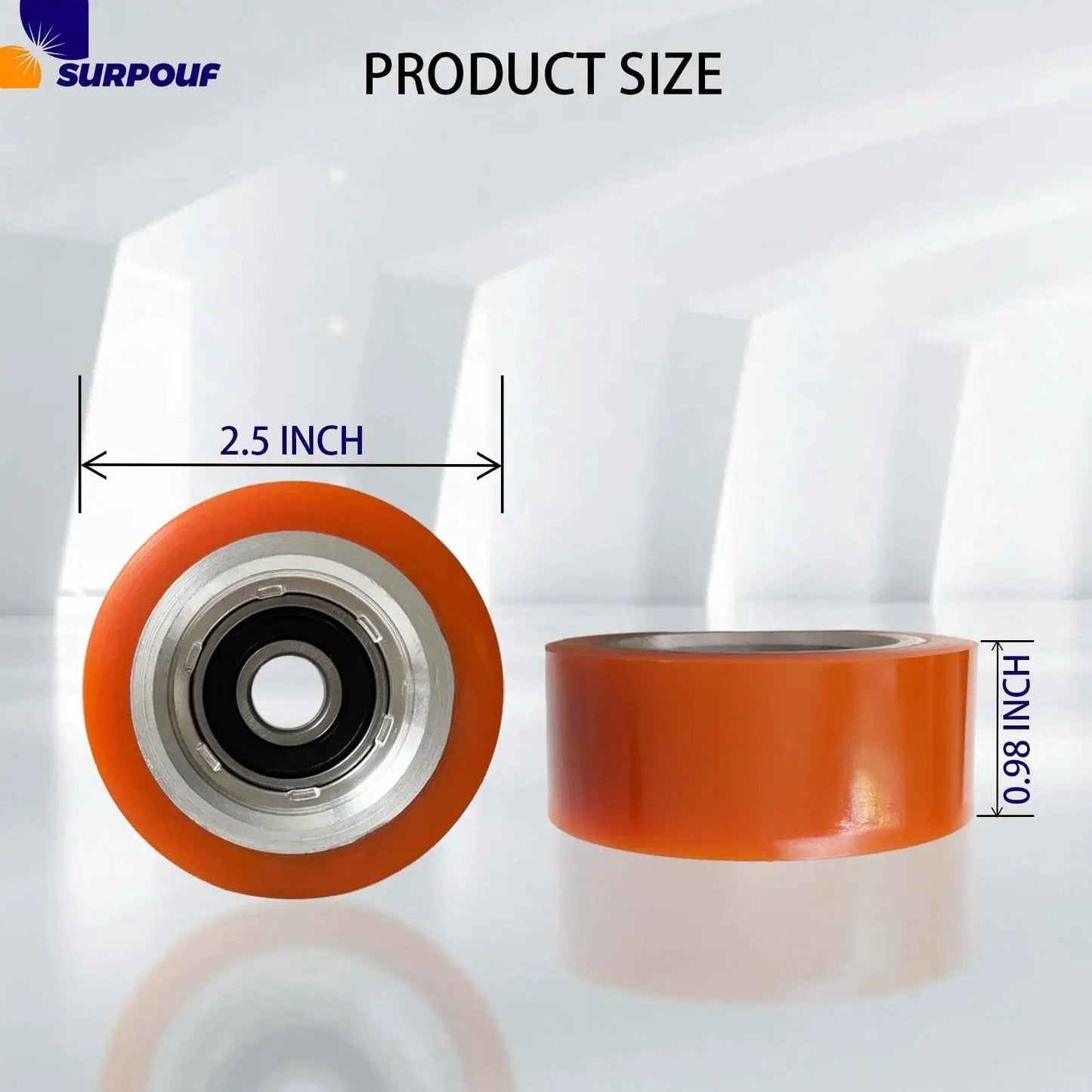 Orange Drum Roller Bearing Replacement For Alliance Huebsch IPSO Dryers, 2.5x0.98 inch dimensions, front and side view