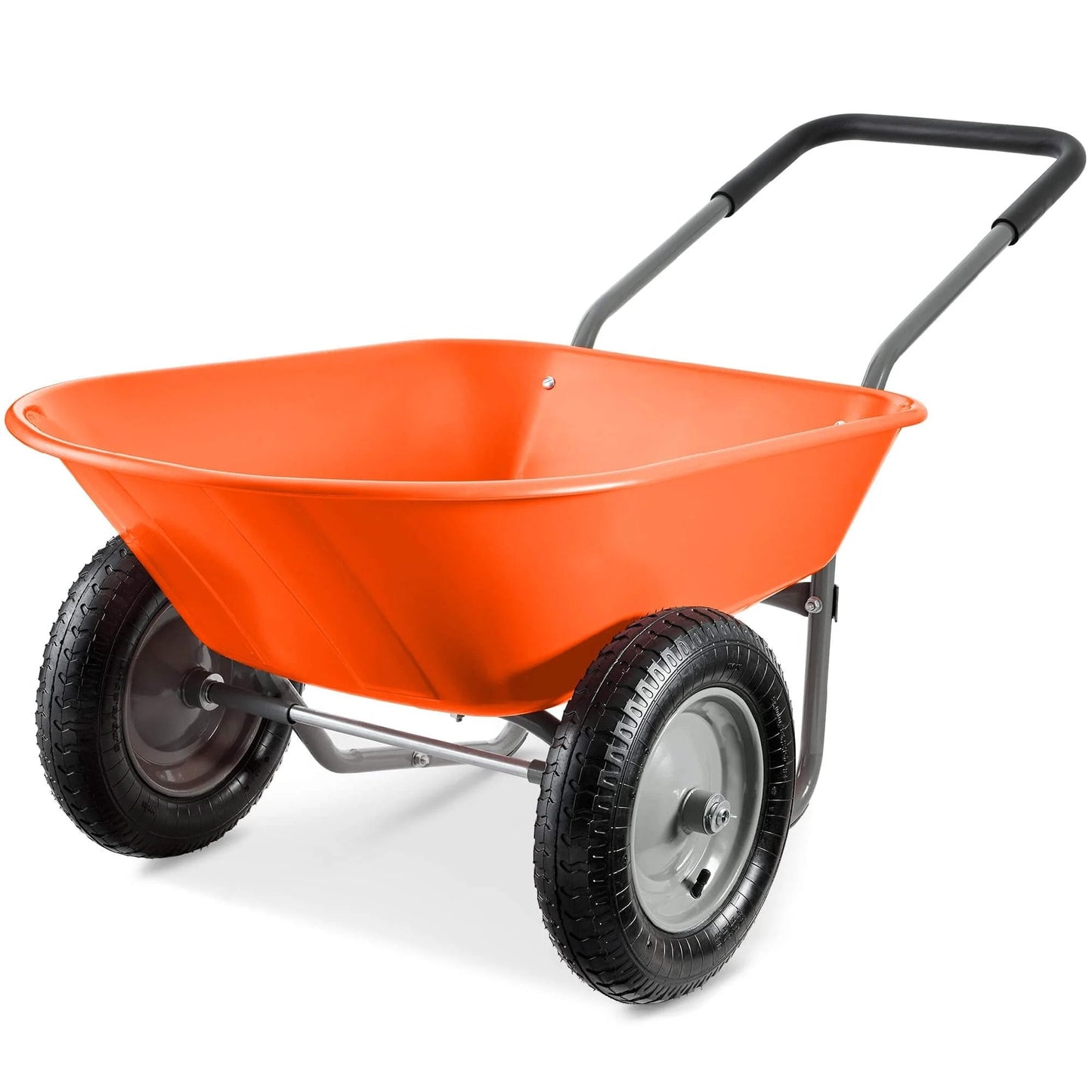 Dual Wheel Home Utility Yard Wheelbarrow Garden Cart with Built In Stand 5 Cubic Foot Capacity 330 lb Load Orange for Lawn Gardening