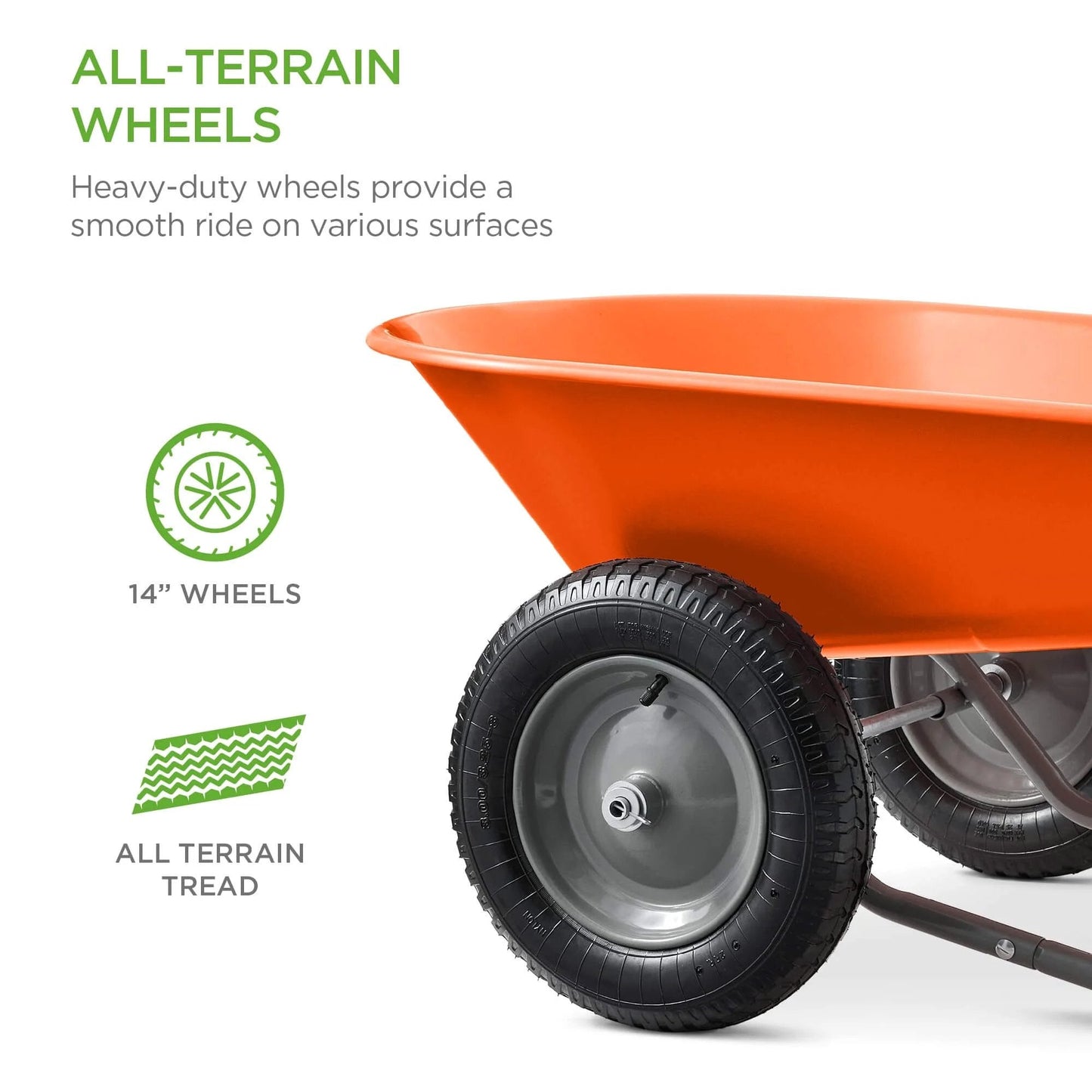 Dual Wheel Home Utility Yard Wheelbarrow Garden Cart with Built In Stand 5 Cubic Foot Capacity 330 lb Load Orange wheel detail