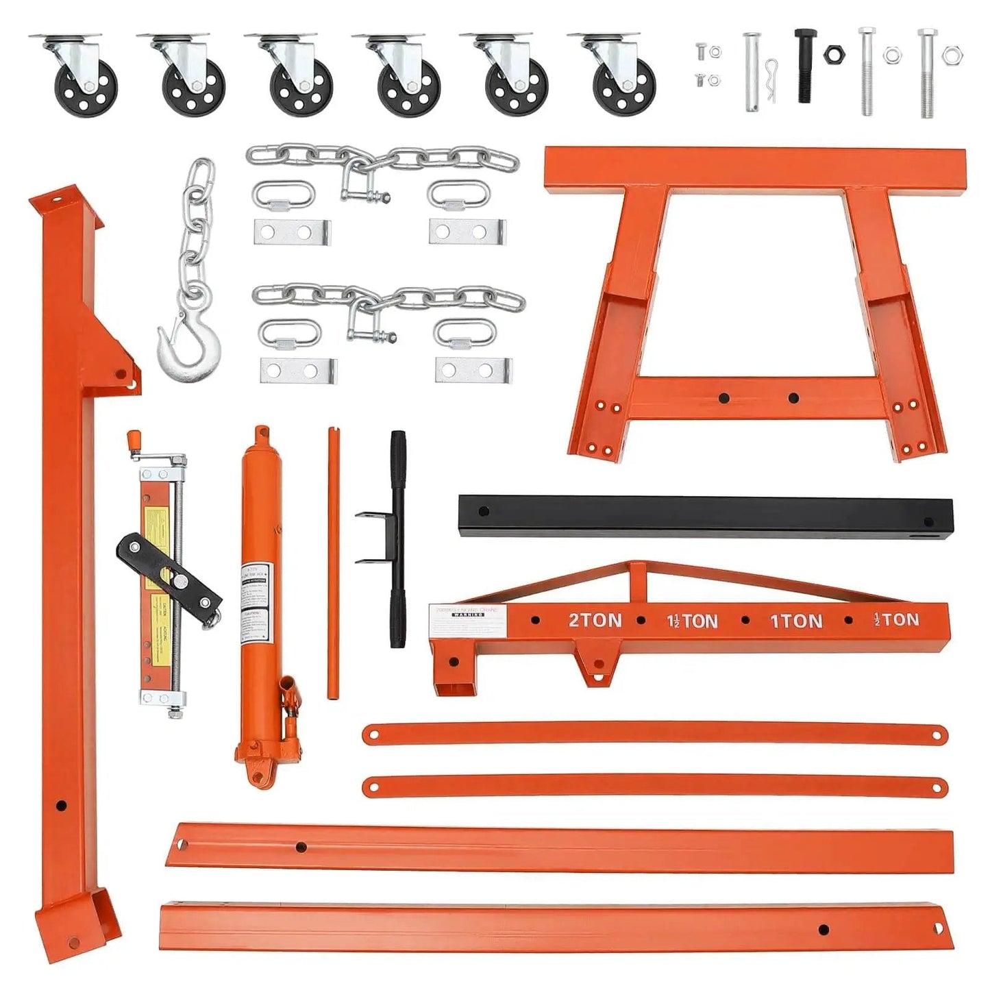 Heavy Duty Beefy 4000 Lb Engine Hoist With Lever And Tilting Boom Folding Cherry Picker Hydraulic Engine Lift Shop Crane On 6 Iron Caster Wheels Telescopic Boom 2 Ton Orange GarveeTech parts laid out.