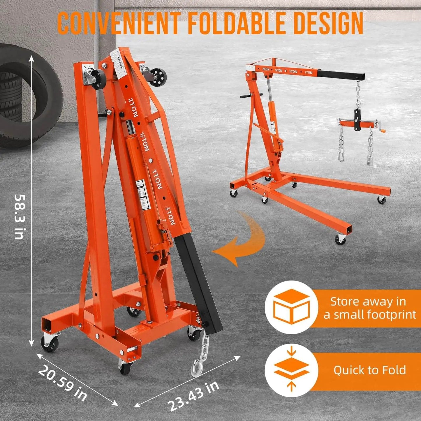 Heavy Duty Beefy 4000 Lb Engine Hoist With Lever And Tilting Boom Folding Cherry Picker Hydraulic Engine Lift Shop Crane On 6 Iron Caster Wheels Telescopic Boom 2 Ton Orange GarveeTech folded and assembled