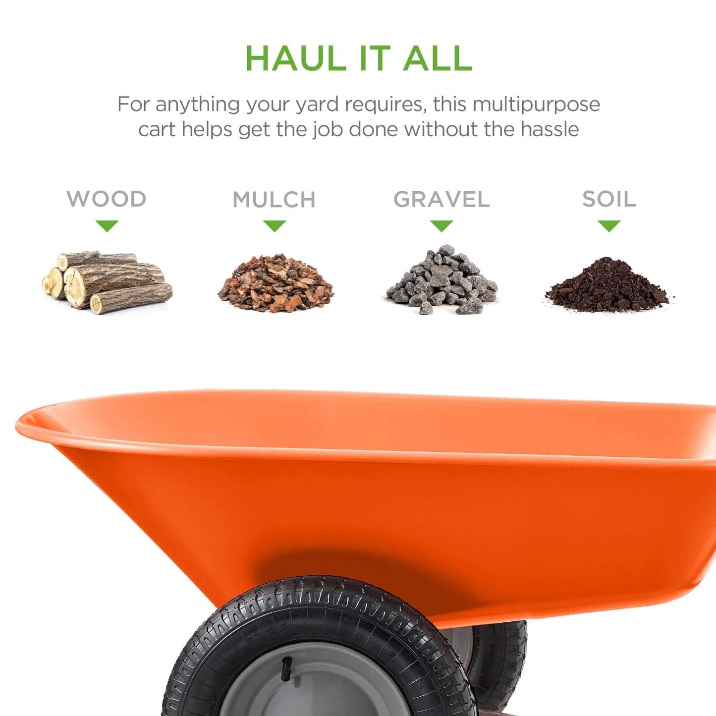 Orange Dual Wheel Home Utility Yard Wheelbarrow for hauling wood, mulch, gravel, and soil, suitable for gardening and construction.