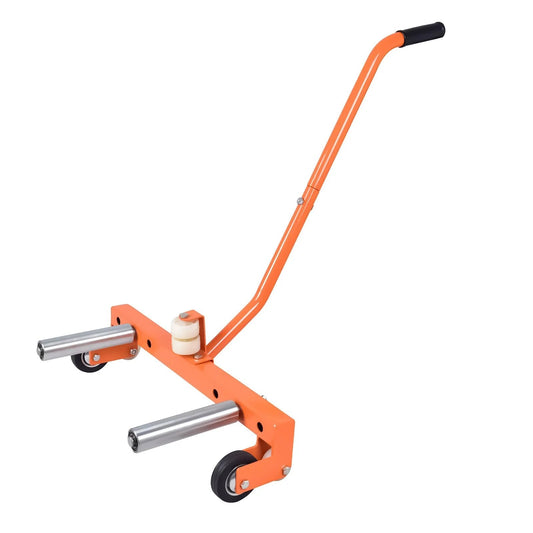 ✝️ Heavy-Duty Adjustable Tire Wheel Dolly for Workshop, Garage, Orange with handle and smooth wheels, side view