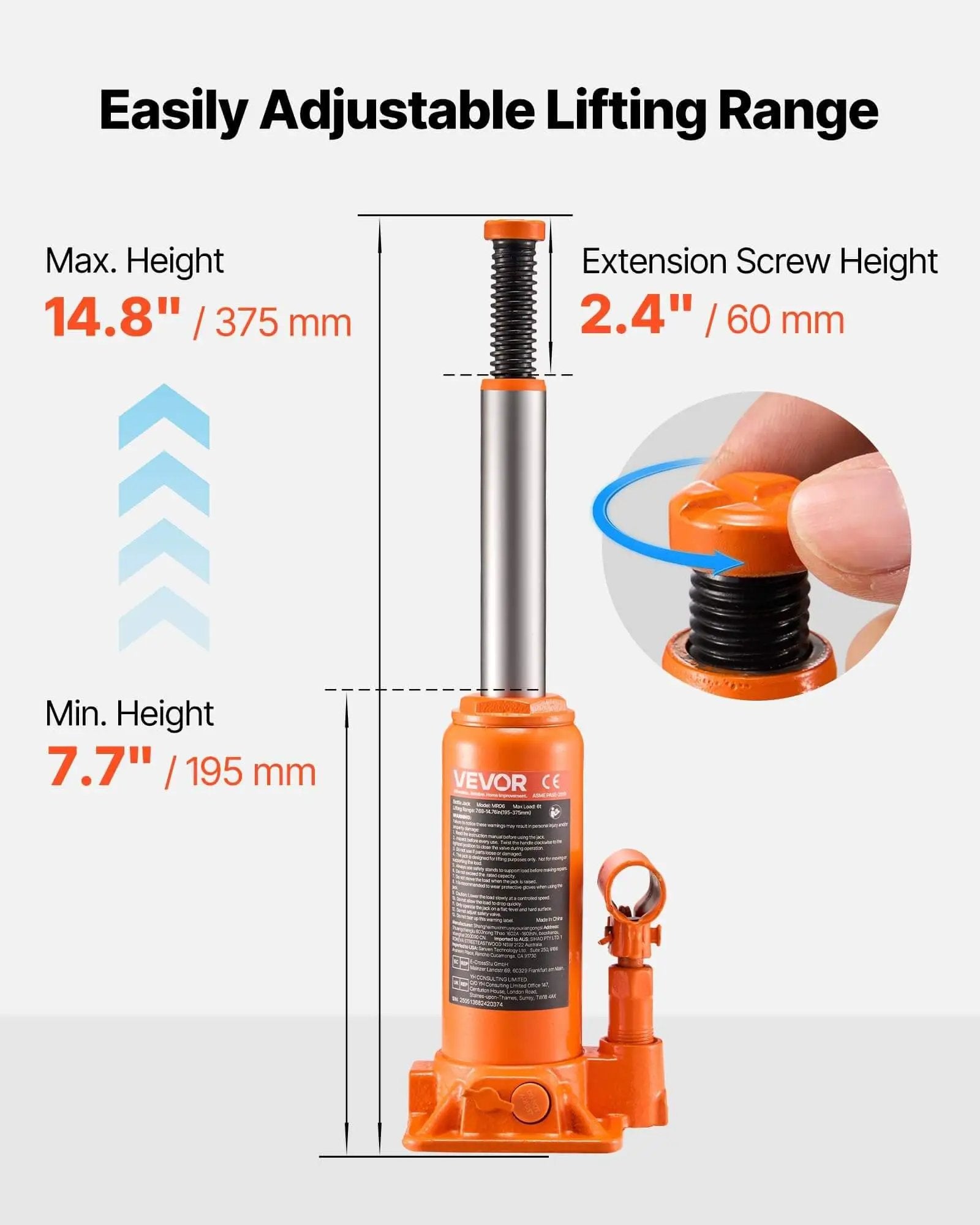 6 Ton Hydraulic Bottle Jack For Cars Trucks SUVs With 7.7 To 14.8 Inch Lifting Range Heavy Duty Welded Body Orange, close-up of adjustment.