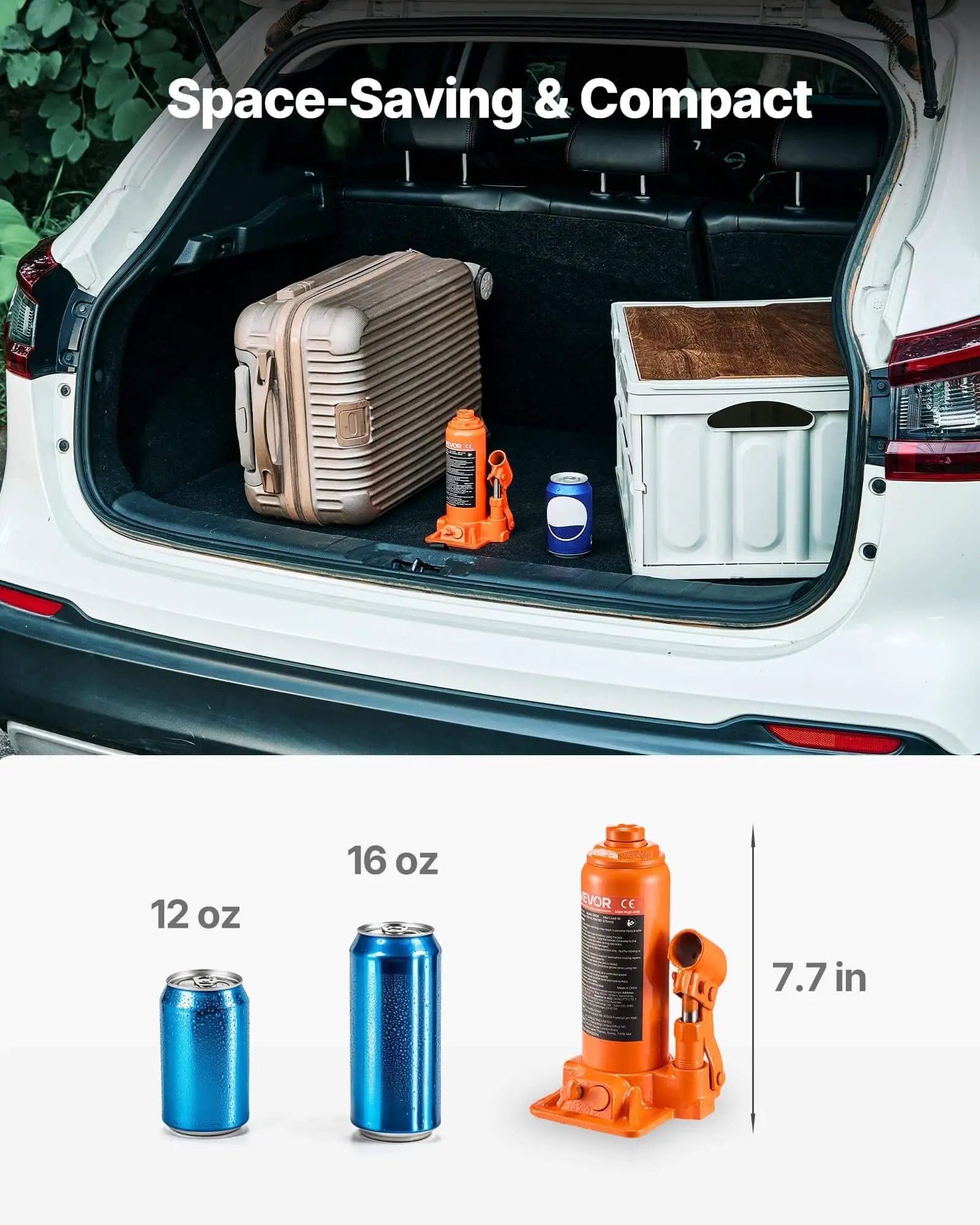 6 Ton Hydraulic Bottle Jack For Cars Trucks SUVs With 7.7 To 14.8 Inch Lifting Range Heavy Duty Welded Body Orange shown in SUV trunk