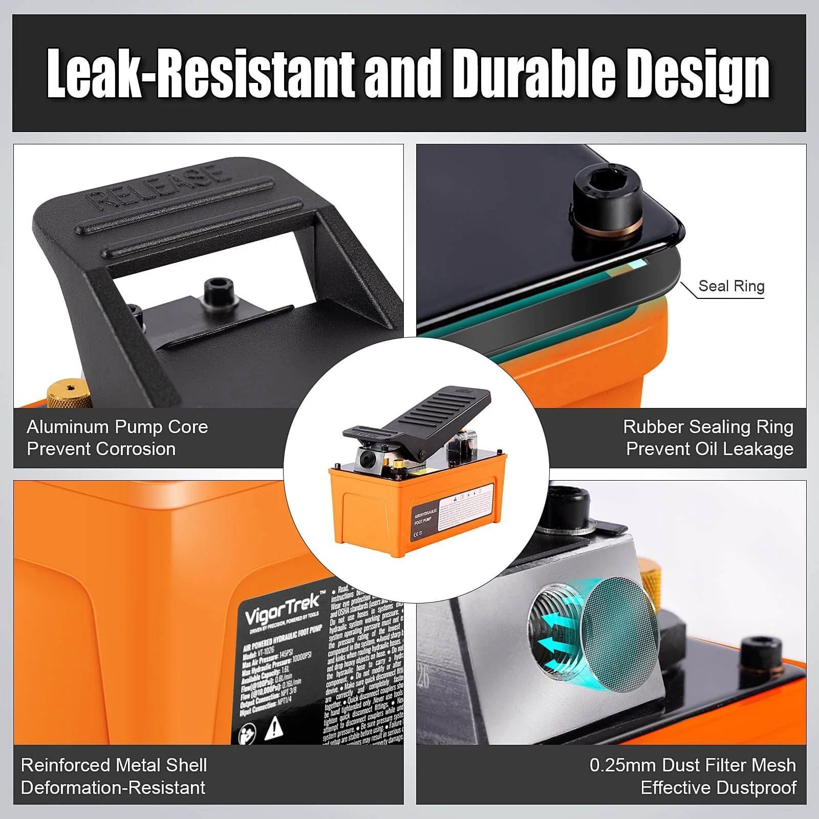 VigorTrek Air Hydraulic Pump details, focus on aluminum pump core and rubber sealing ring, 10,000 PSI, NPT 3/8" outlet, 1/4" inlet, orange