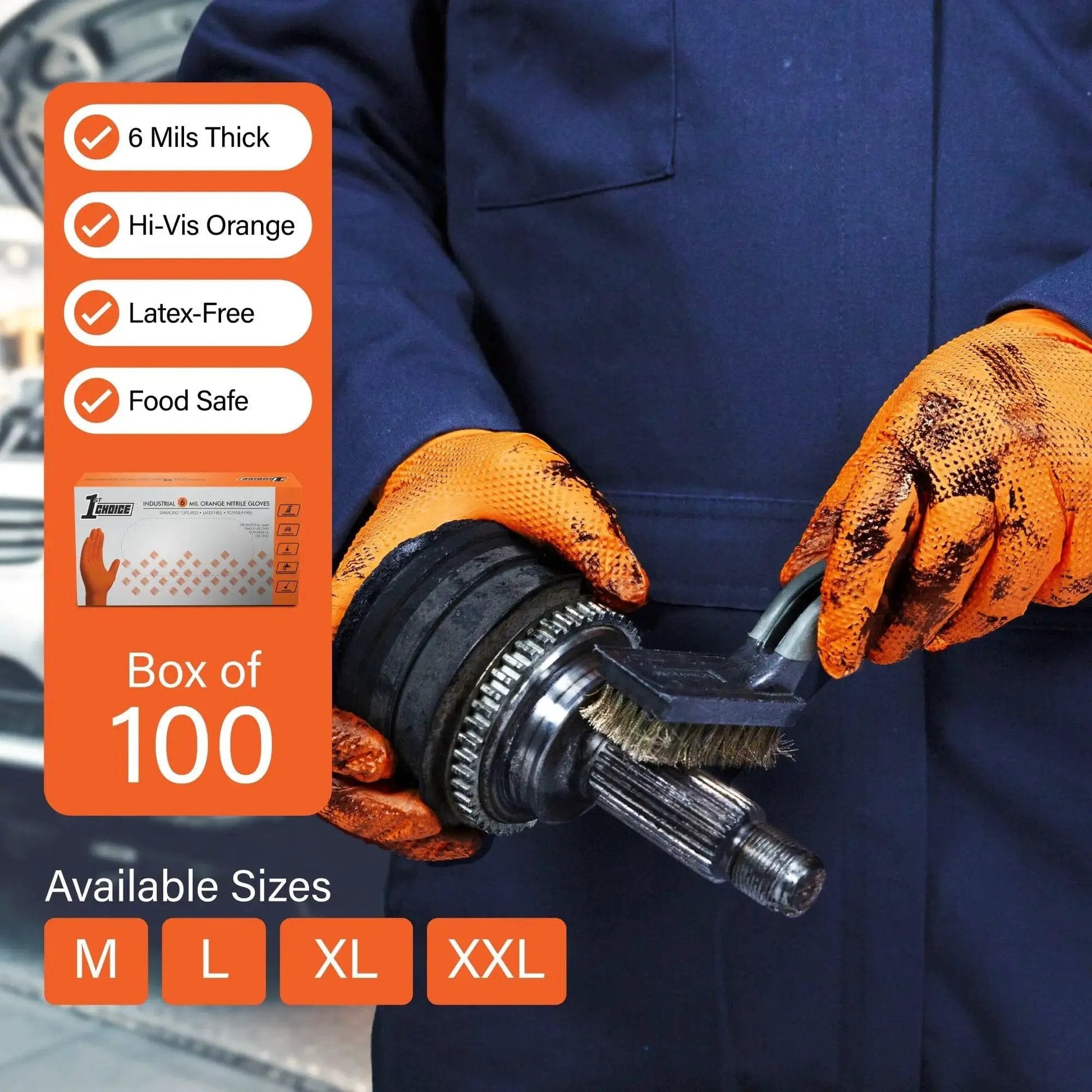 Mechanic using Orange Nitrile Disposable Latex Free Gloves Raised Diamond Grip Medium for automotive work.