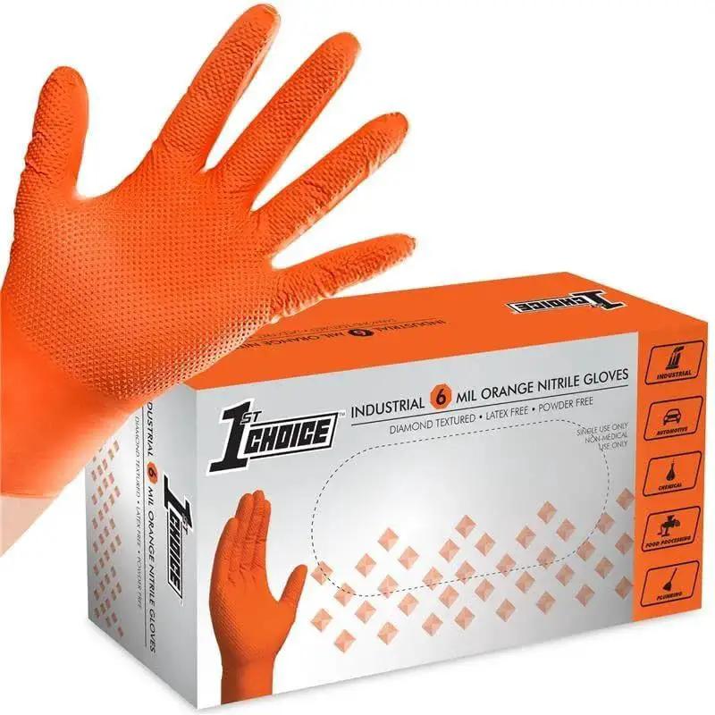 Orange Nitrile Disposable Latex Free Gloves Raised Diamond Grip Mechanic Medium, glove on hand with box packaging display.