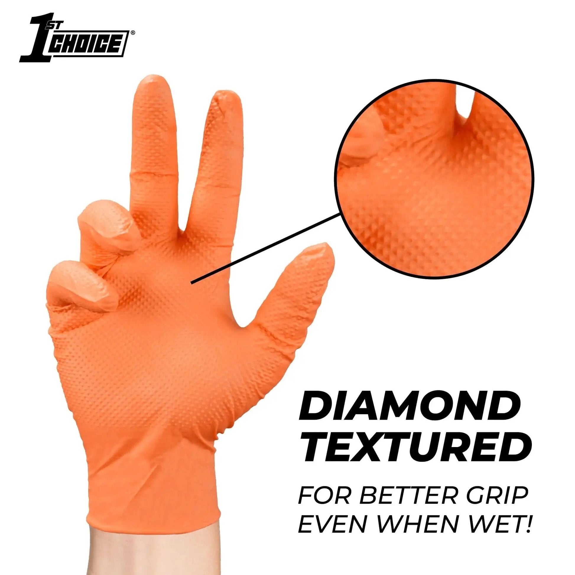 Close-up of orange nitrile disposable latex free glove showing raised diamond grip texture, ideal for mechanic work.
