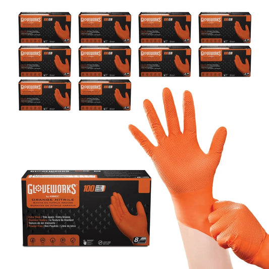 Orange Nitrile Industrial Gloves 8 Mil Latex Free Raised Diamond Texture XXL with box packaging and glove close-up