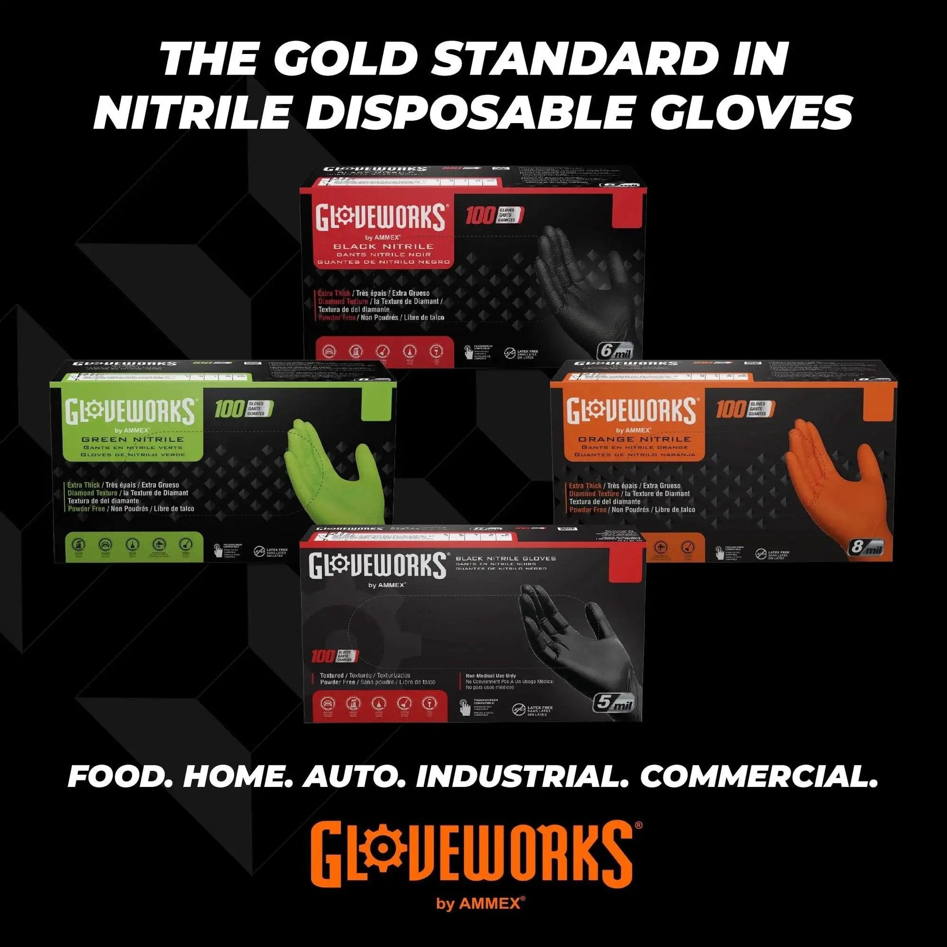 Orange Nitrile Heavy Duty Gloves 8 Mil Raised Diamond Grip Large 5 Boxes Of 100 packaging with glove images